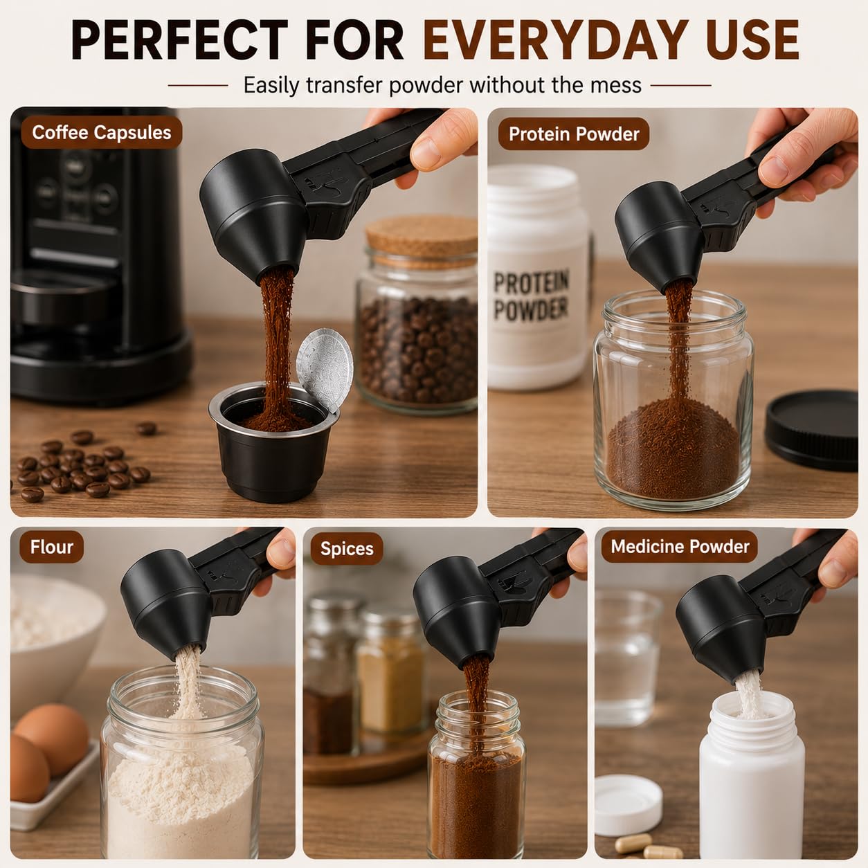Cucchiaio Dosatore Proteine con Imbuto, Misurino Polvere 30ml (~15g Caffè), Cucchiaio Dosatore per Whey, Caffè e Capsule, Manico 19cm Anti-Scivolo