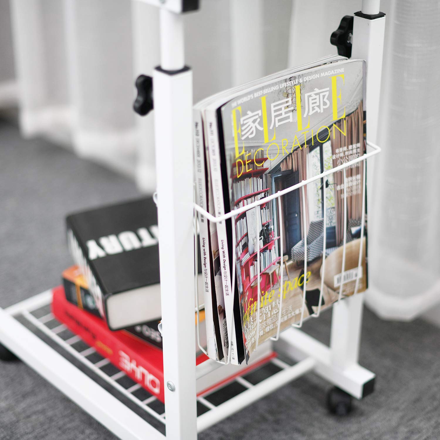 DlandHome Carrito de cama ajustable en altura 56 ~ 76 cm mesa auxiliar para sofá pequeña mesa baja con ruedas en forma de U con cesta soporte para ordenador portátil para lectura, roble