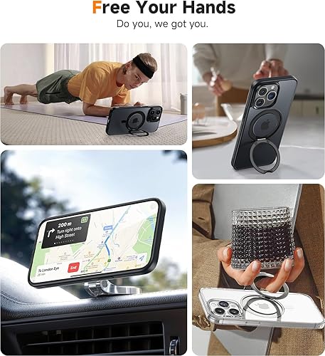 Miniatura 8 de JUESHITUO Funda para iPhone 15 Pro No se amarillea Soporte y base de anillo magnético giratorio de 360 con sonido de amortiguación rotatoria,