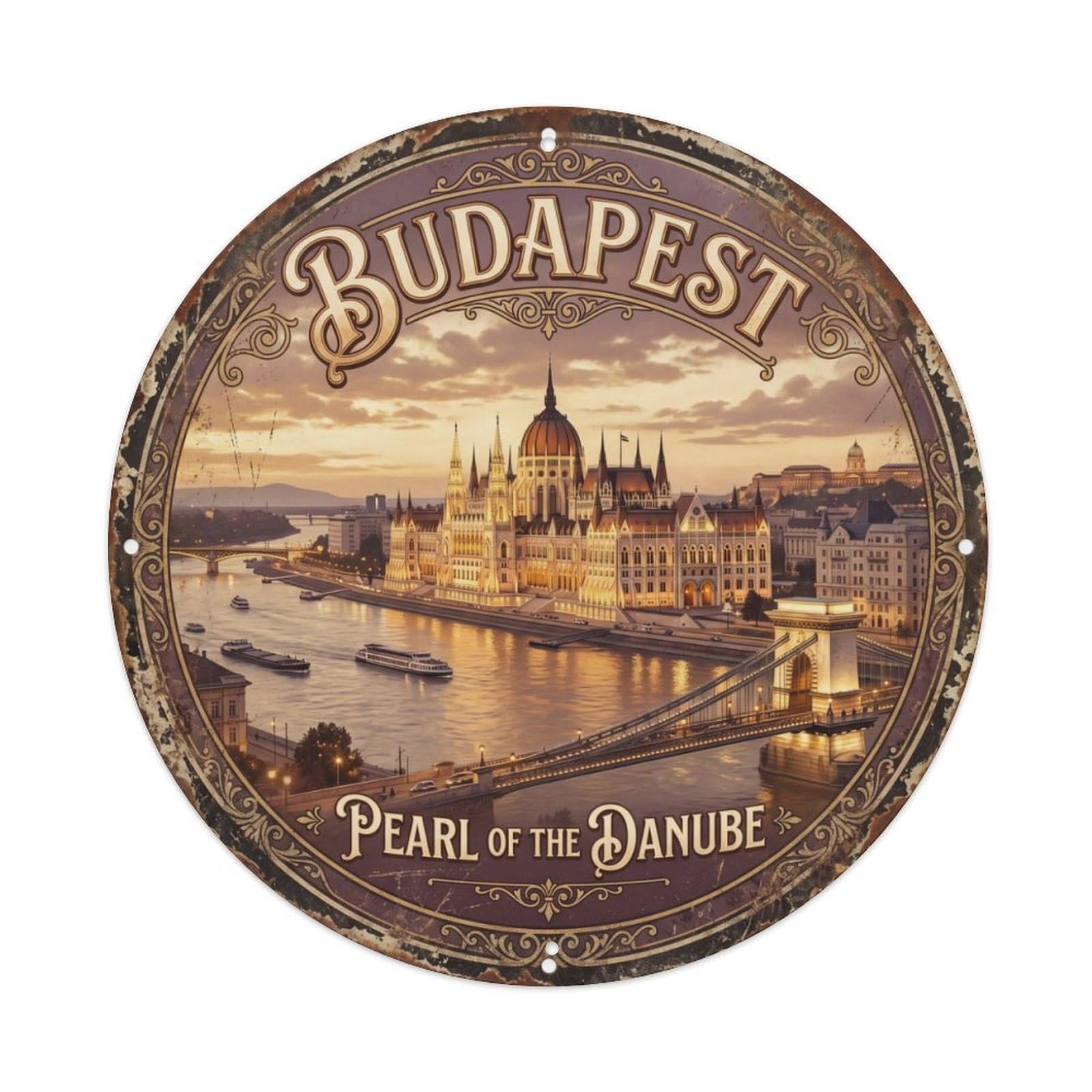 Vintage Travel Budapest Parliament Hungary Metal Tin Sign Plaque Wall Decor for Cafe, Club Bar, Office, Home Garden Round Metal Poster 8x8Inch