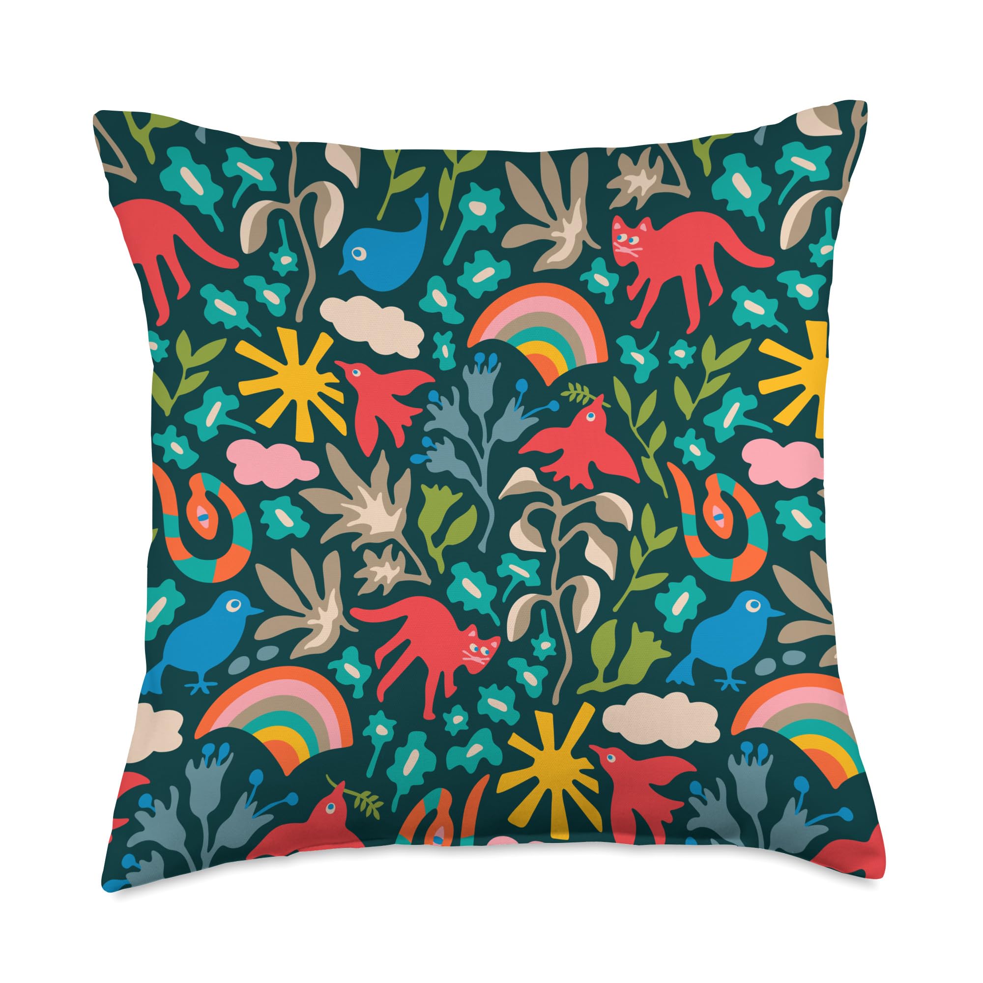 UnBlink Studio by Jackie TaharaLand of Plenty Eco Nature Outdoors Cute Animals Plants Birds Throw Pillow, 18x18, Multicolor