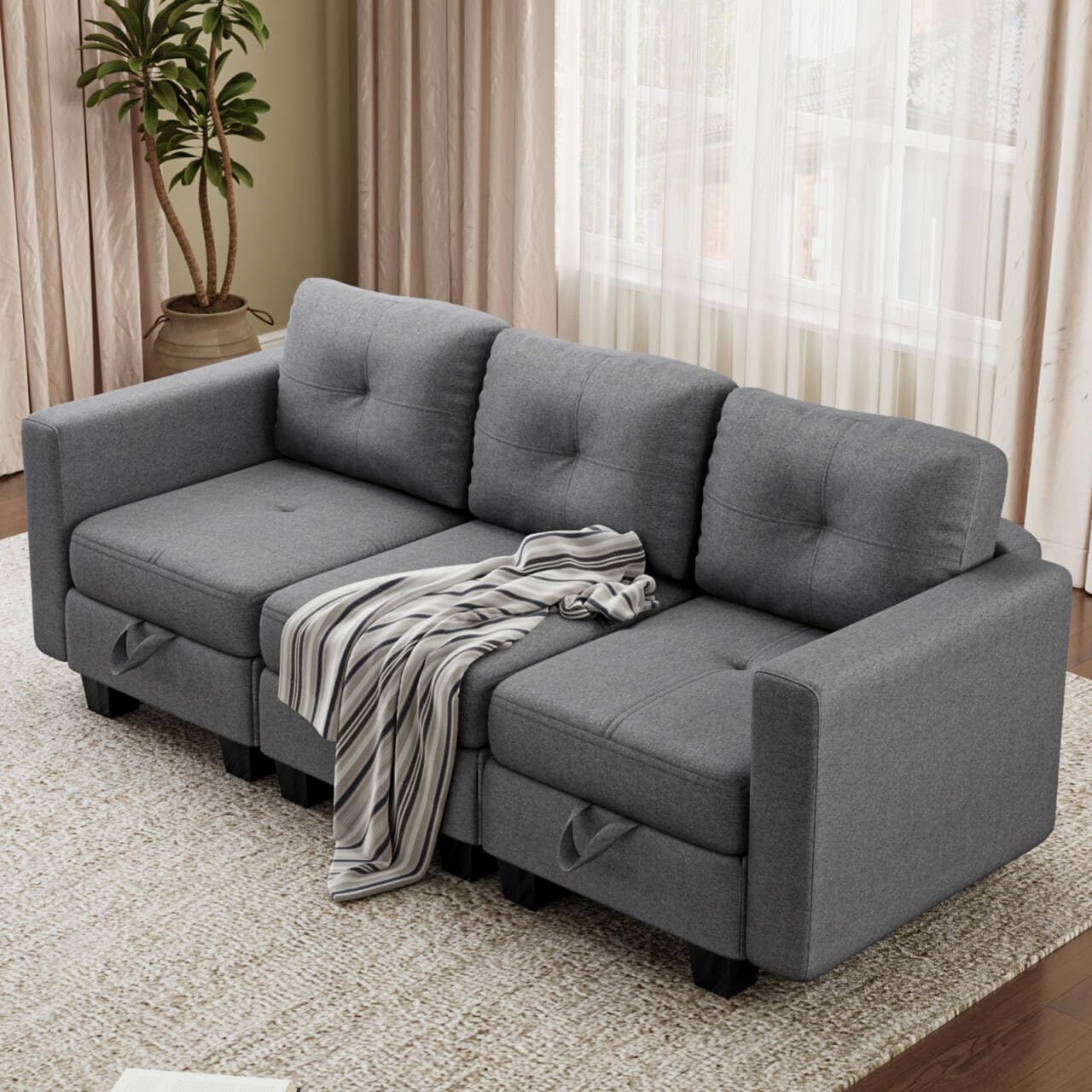 3-Sitzer Modulares Sofa mit Stauraum, Veränderbare Chaiselounge Couch Wohnlandschaft für Wohnzimmer Schlafzimmer,209x139x86cm, Grau