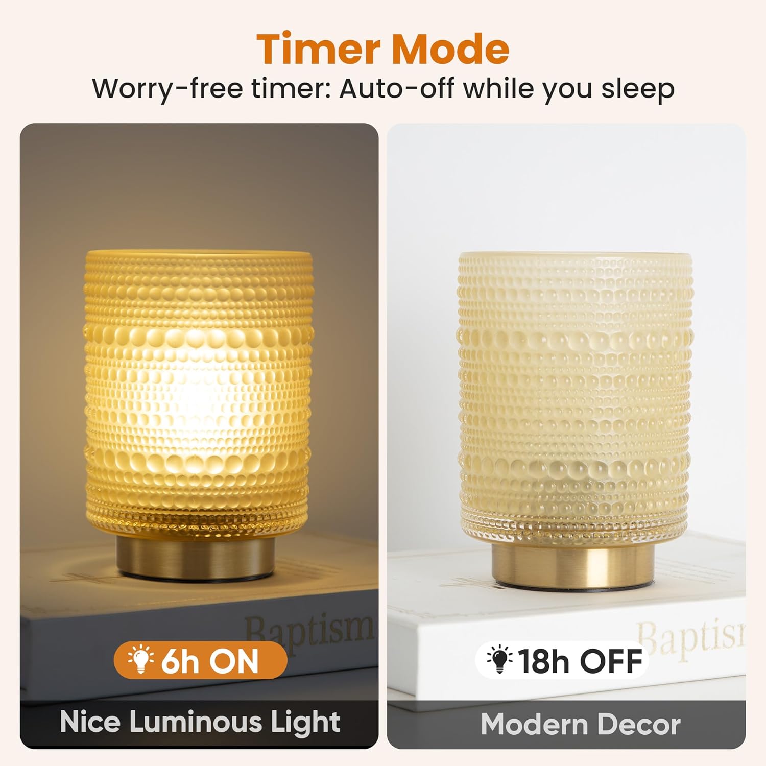 Battery Operated Lamp with Timer, Small Battery Powered Lamp for Bedside, Cordless Table Lamps with LED Warm Bulb, Wireless Lamps for Entryway/Dorm/Office/Patio/Living Room Decor-Matte Amber
