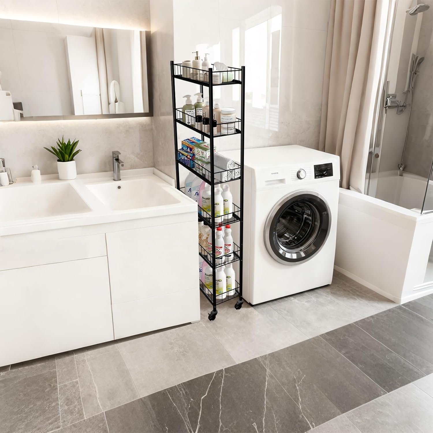 Utility Slim Storage Cart,6 Tier Narrow Kitchen Storage Cart,Laundry Room Carts,for Kitchen,DiningRoom,Living Room,Home Office,Rustic Brown and Classic (6 Tier Black)