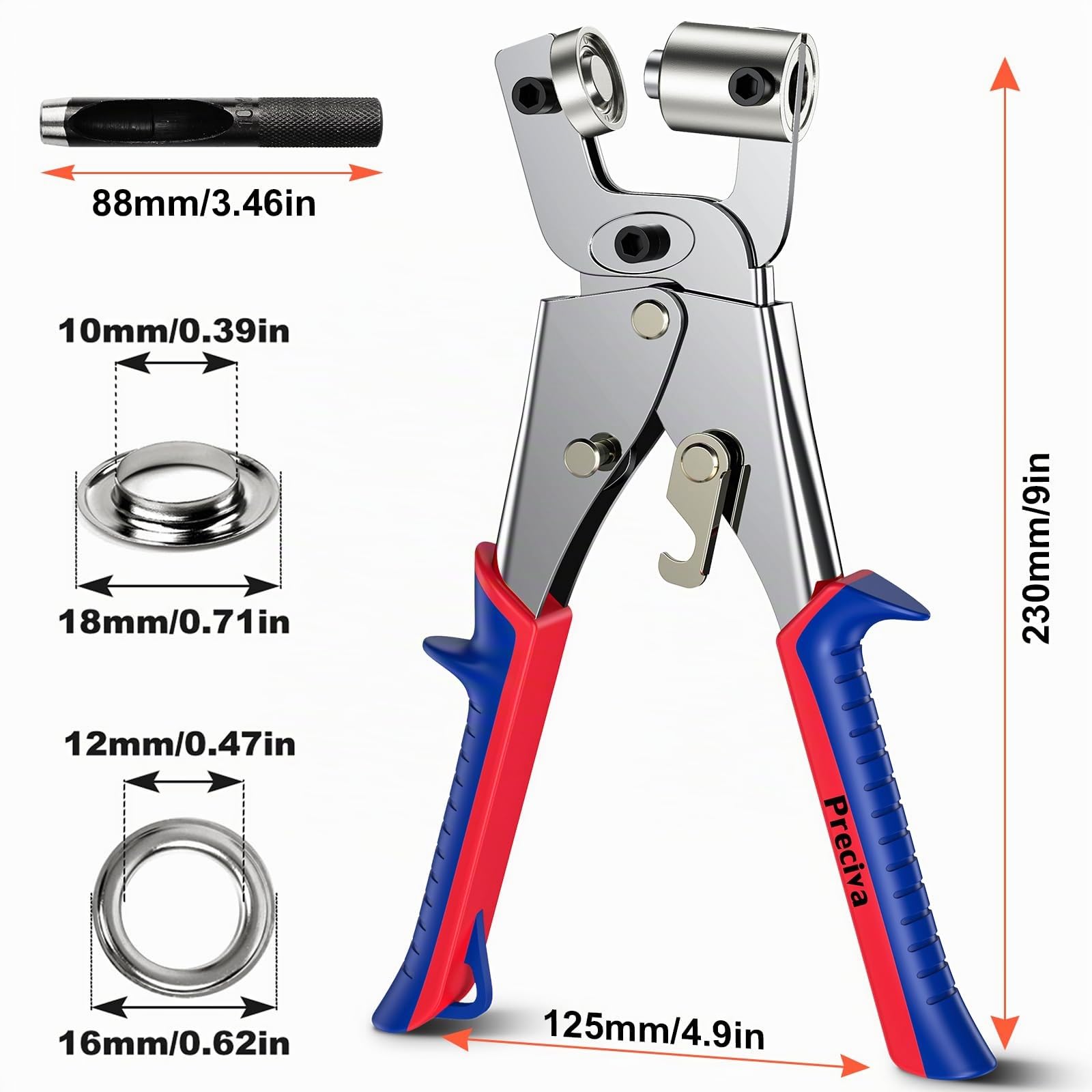 Preciva Ensemble de Poinçon à Œillets, Pince à Œillets de 10mm avec 200 Œillets Métalliques, Mécanisme de Verrouillage, Outil de Presse à Œillets à Trou Manuel pour Affiche, Bannière, Carton