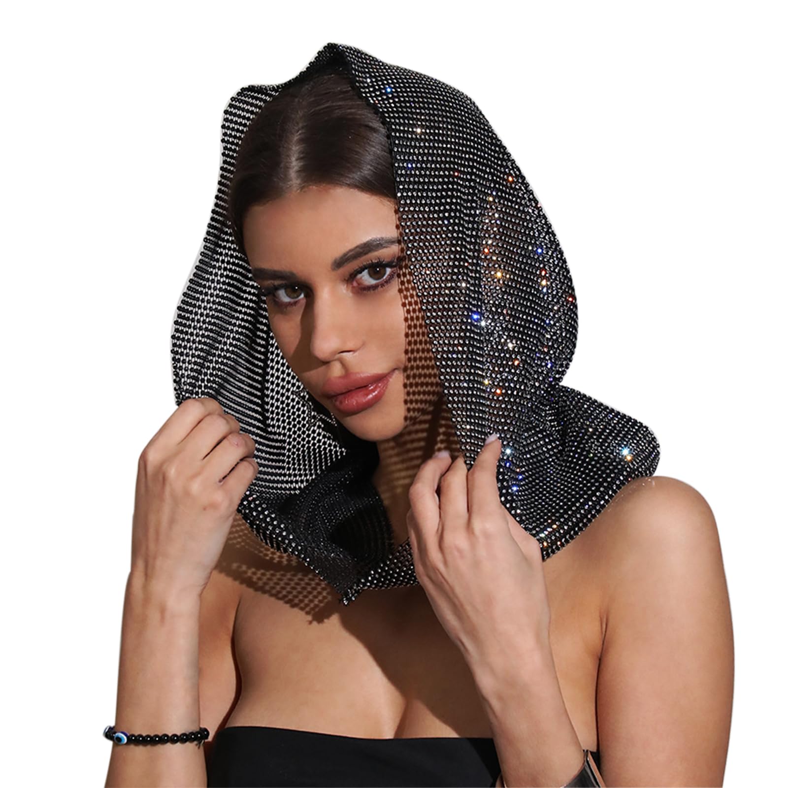 JIAHG Women Glitter Rhinestones Mesh Headdress Girls Flapper Sparkly Crystal Mesh Head Scarf Bling Mesh Wrap Cap Shiny Mesh Hairbands for Youth Nightclub Rave Party Music Festival