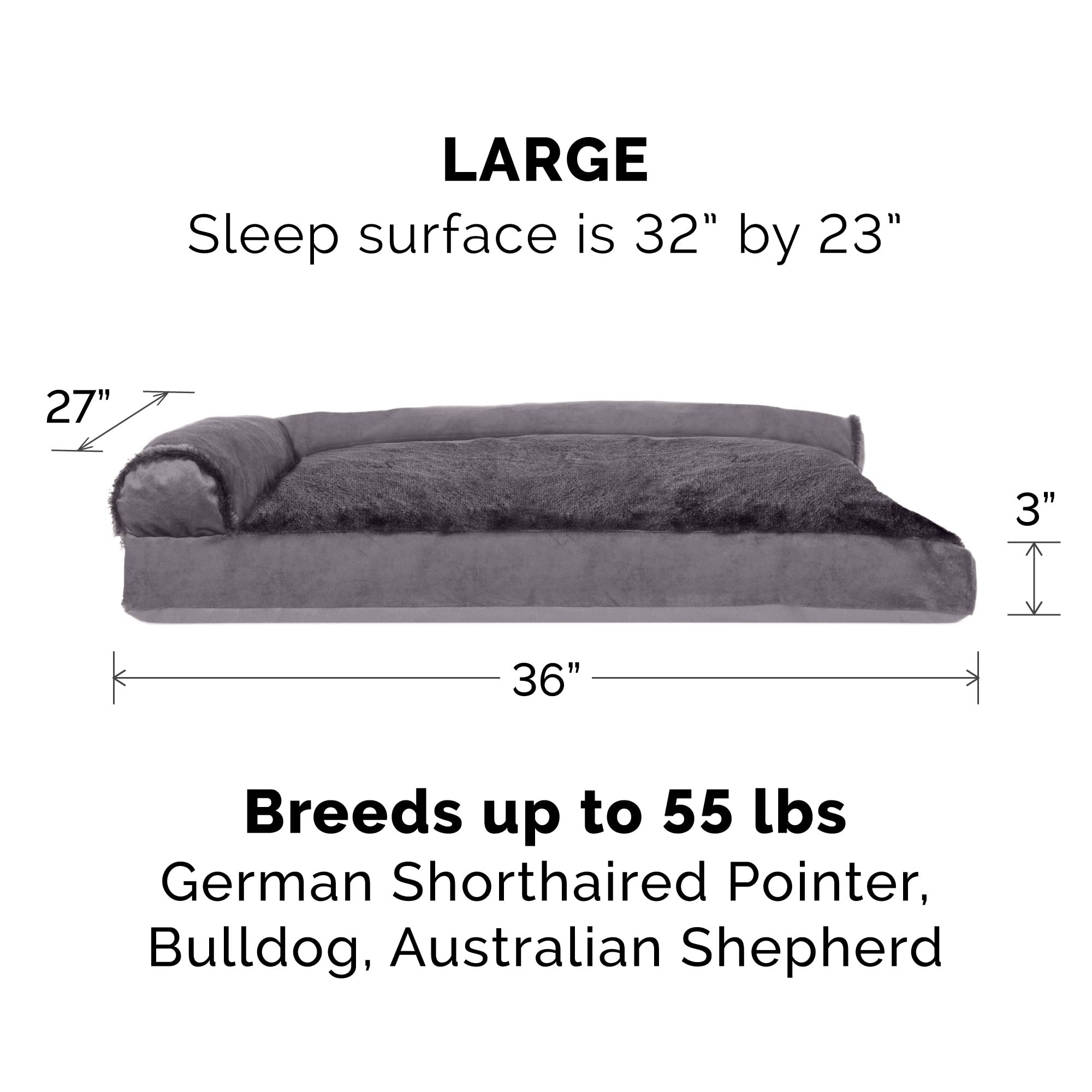 Furhaven Pillow Dog Bed for Large/Medium Dogs w/ Removable Bolsters & Washable Cover - Plush & Velvet L Shaped Chaise - Platinum Gray, Large