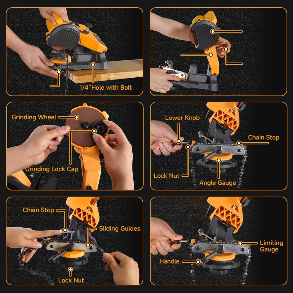 Hoteche 85W Electric Chainsaw Sharpener | 5500RPM, 23mm Bore, 108mmx3.2mm Grinding Disc, 35° Angle, Complete Accessories
