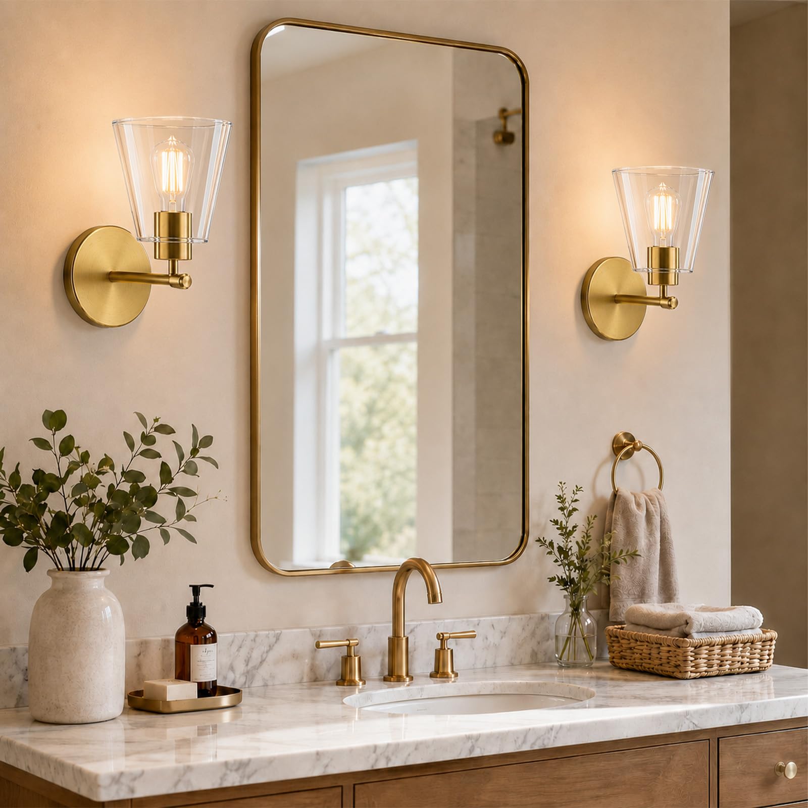 Hamilyeah Set di 2 applique da parete dorate, lampade da parete per bagno, moderne lampade industriali da parete per interni, lampade da parete in ottone per camera da letto, soggiorno, cucina, sopra