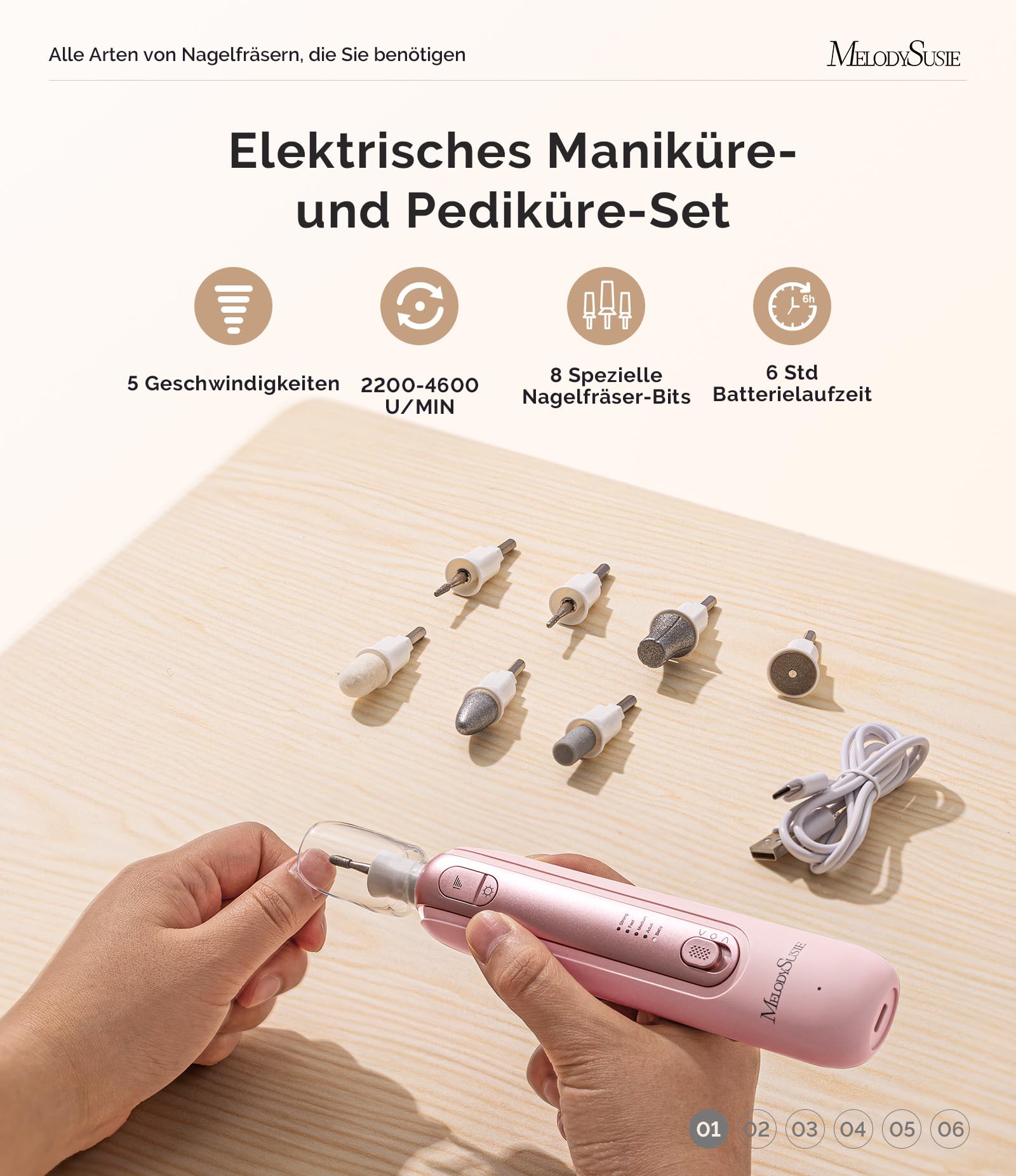 MelodySusie Professionelles Pediküre Set, PC760G 8 in 1 Elektrischer Nagelfräser mit 5 Geschwindigkeiten, Wiederaufladbare Kabellose E-Feile mit 360° LED Licht, Hand/Fußpflege Polish Tools (A-Rosa)