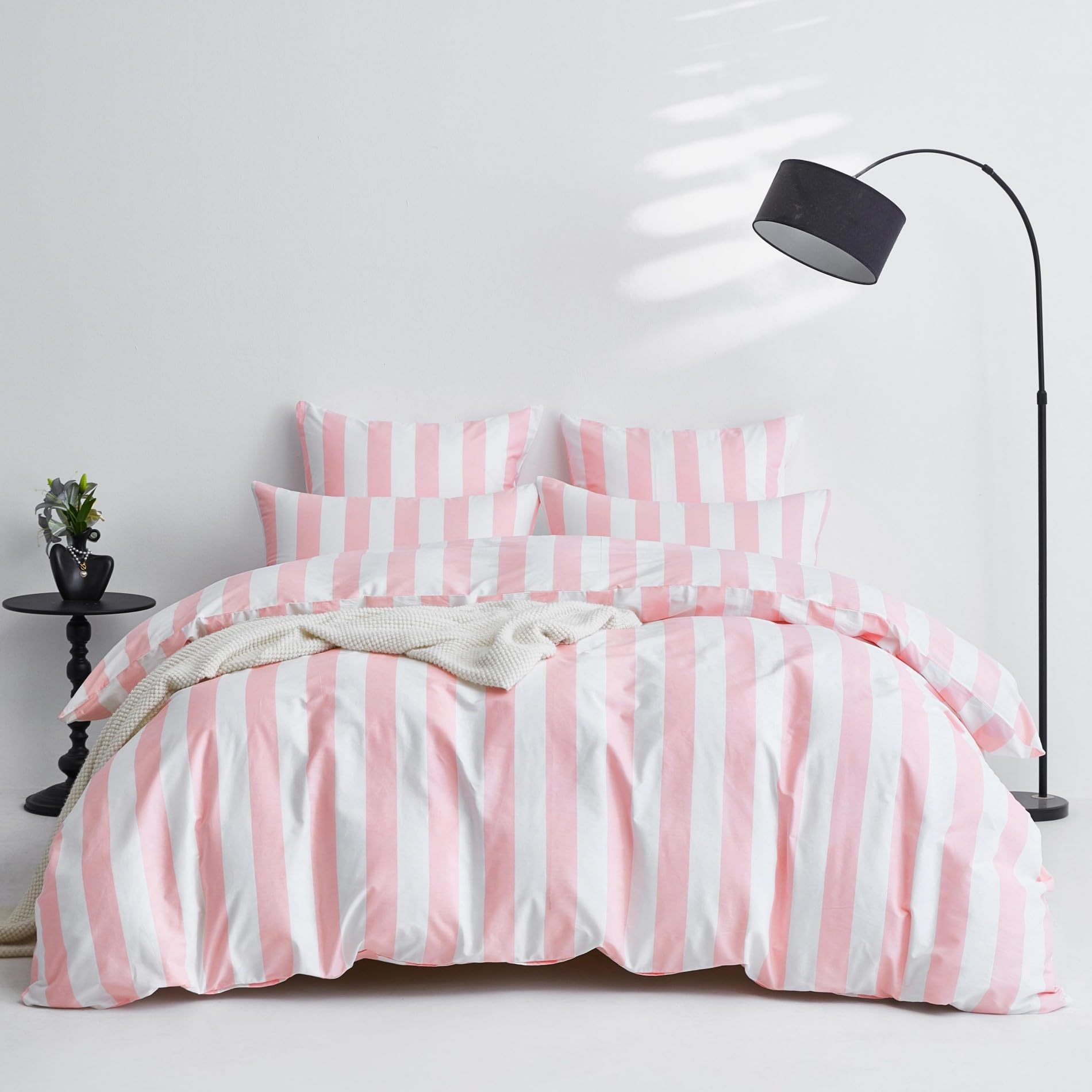Bettwäsche 200x200 Baumwolle Rosa Weiß Gestreift Bettwäsche Baumwolle Weich Atmungsaktiv Kuschelige Bettbezug Set 3 Teilig mit Reißverschluss und 2 Kissenbezüge 80x80 cm