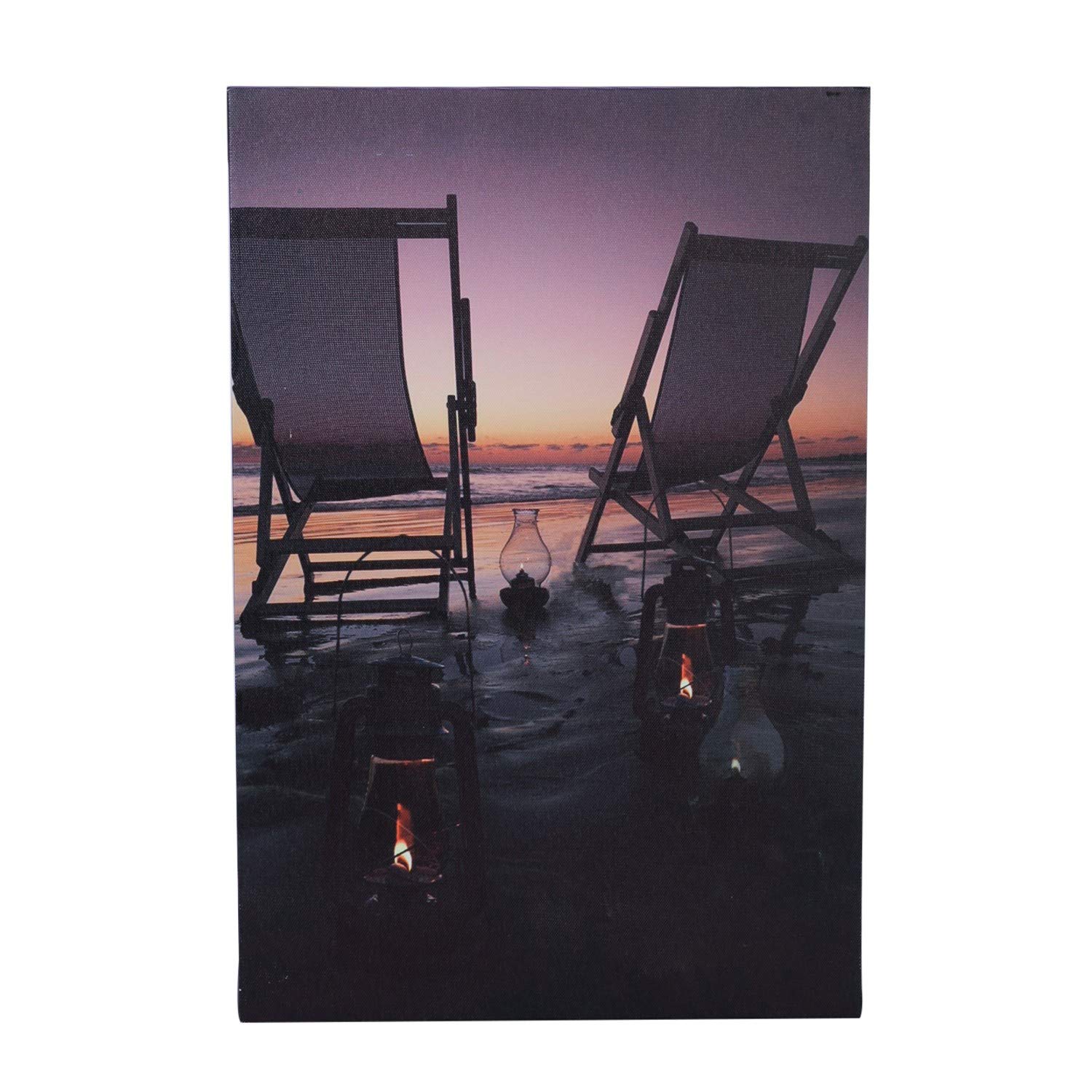 Beachcombers 2 Beach Chair Wall Art With 4 Light-Up Led Sunset Ocean Nautical Coastal Light-Up Led Canvas Print Artwork For Wall Tabletop Home Burgundy