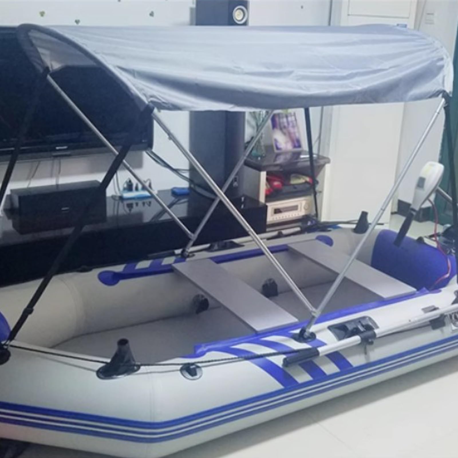 Bimini Top Pokrowiec na łódź - Zadaszenie na łódź Pontonową - Osłona przeciwsłoneczna, Ochrona przed słońcem i promieniowaniem UV - Łatwy montaż za pomocą pasów przednich i tylnych (S)