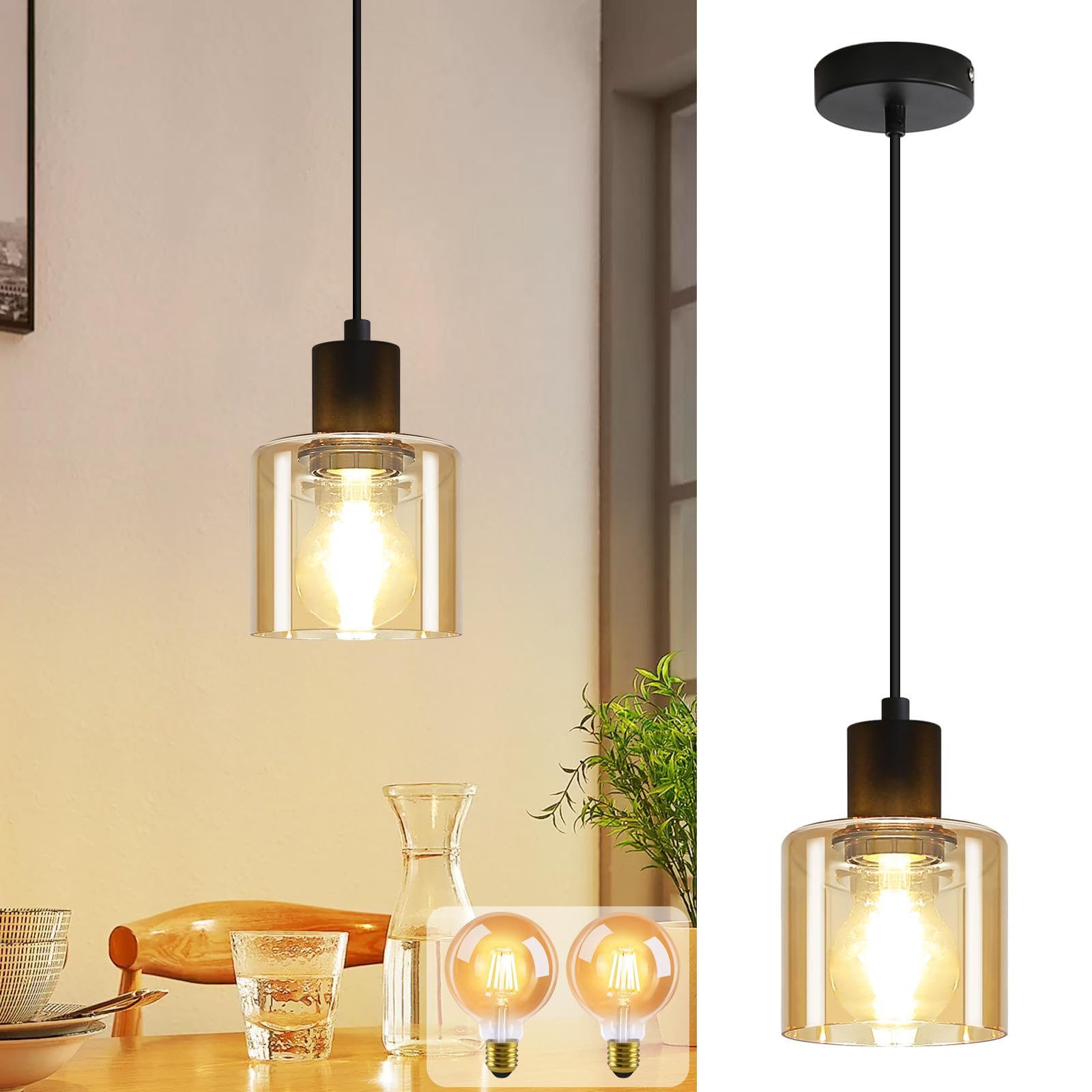 ZMH LED Pendelleuchte Esstisch Hängelampe - Vintage Esstischlampe Hängend E27 Hängeleuchte 1 Flammig Esszimmerlampe Retro Industrial Pendellampe für Küche Wohnzimmer Hotel, 2 x G80 Glühbirne inkl.