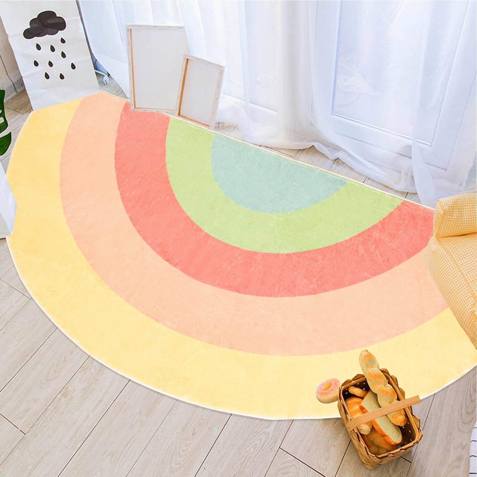 Lacomfy Kids Rug Half Circle Rainbow Bedroom Carpet 5Ft Cartoon Floor Mat for Boys Girls Colorful Bathroom Rug Living Room Area Rug Sofa Cushion