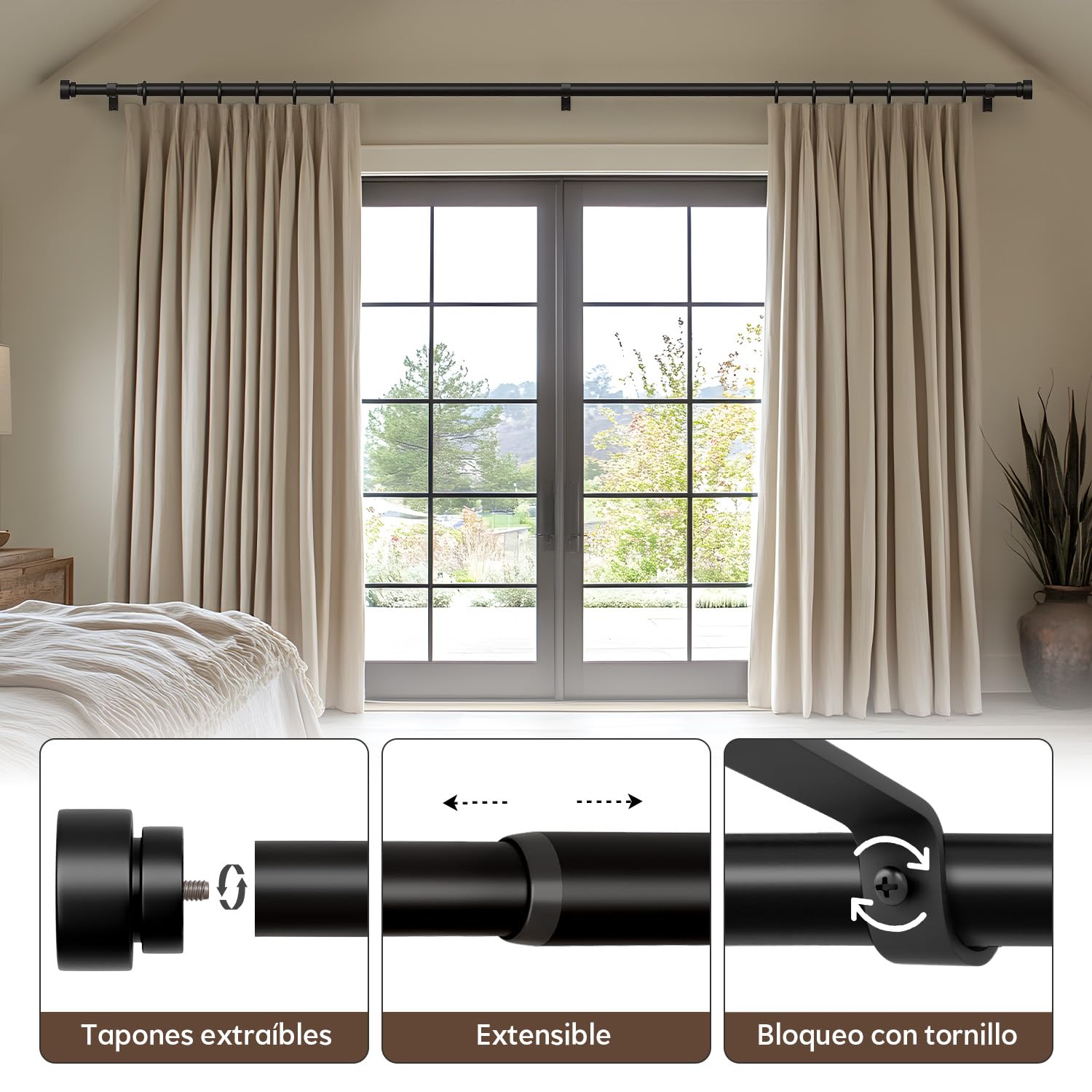 Barra Cortinas Extensible Negra 80-365 cm,Metal Reforzado | DiáMetro 25 Mm, InstalacióN Mural,Apta Para SalóN, Dormitorio, Cocina Y Todas Las Ventanas, InstalacióN Sencilla