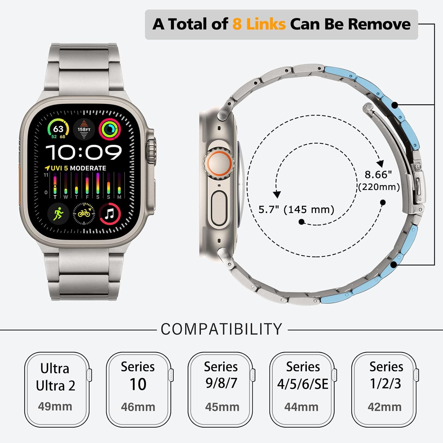 HITZEE Titanium Ultra Band Compatible with Apple Watch Band 49/46(S11/10)/45/44/42, Lightweight Titan Band with Folden Clasp for Men for iWatch Ultra 3/2/1 SE 3-1 Series 11 10 9 8 7 6-1, Titanium