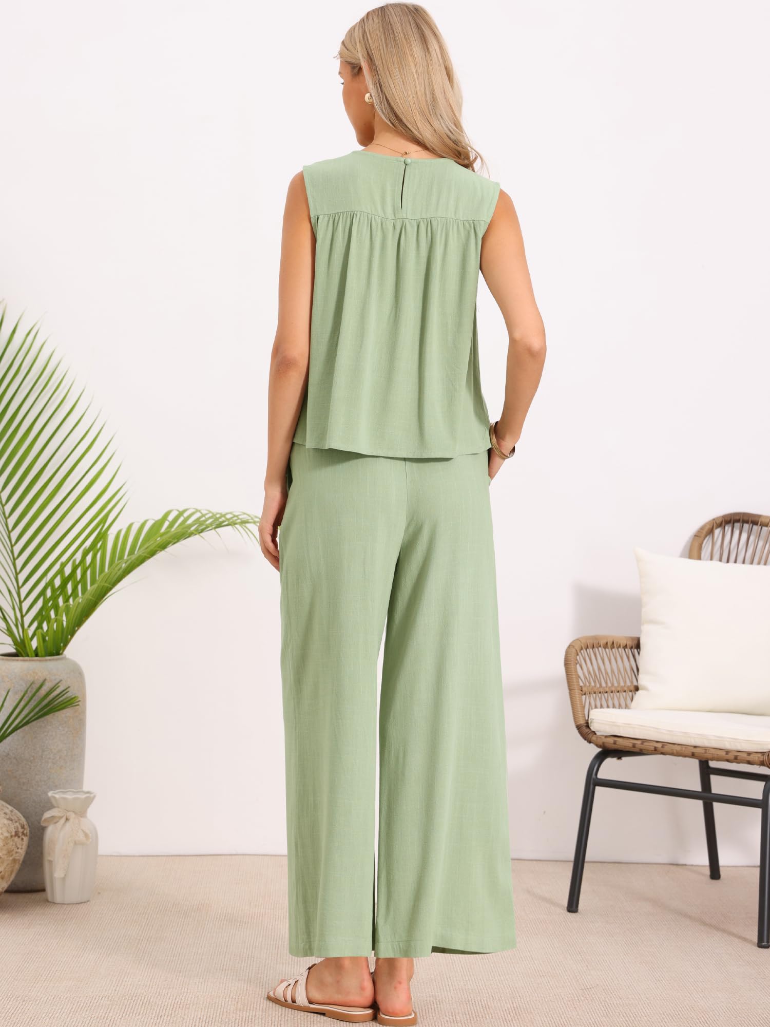 Allegra K Ensembles Décontractés 2 Pièces pour Femmes Été Pantalon Débardeur Plissé Léger Pantalon Large à Cordon de Serrage