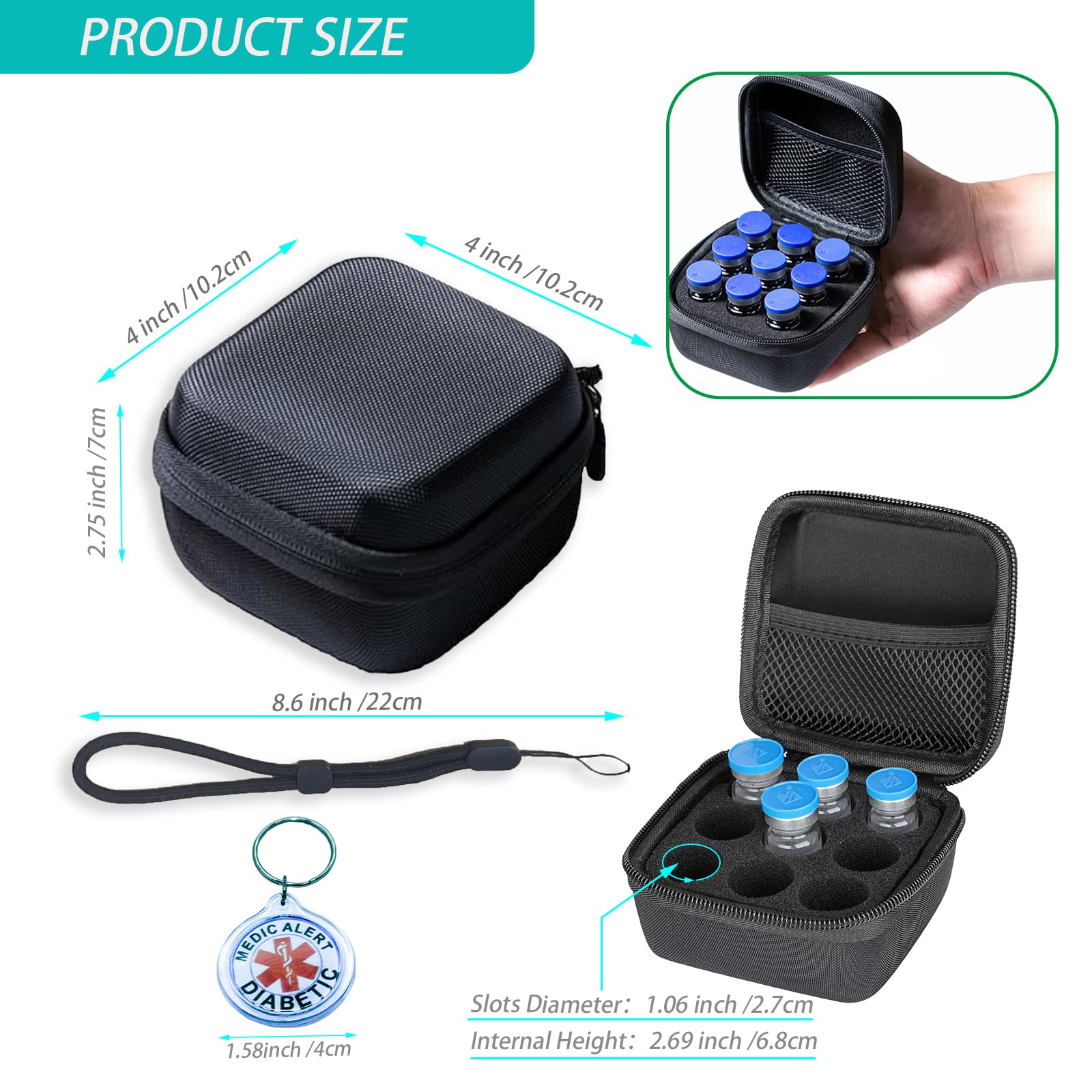 Diabetic Travel Organizer Kit - 9-Slot Insulin Cooler Case & Vial Protector, Shockproof Hard Shell Medical Organizer 4x4x2.75