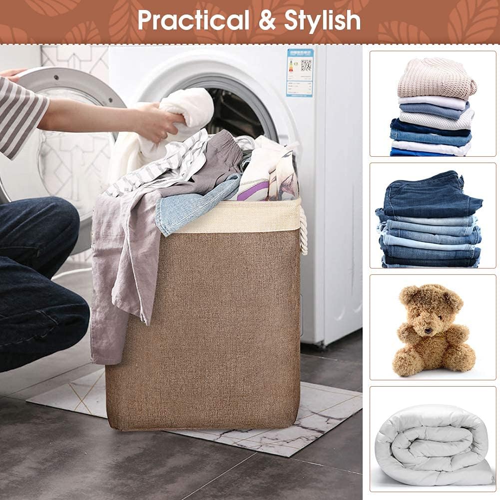 Laundry Basket with Handles 2 Pack, Collapsible Linen Laundry Hampers Built-in Lining with Detachable Brackets Well-Holding Laundry Storage Basket for Toys Clothes Organizer - Brown