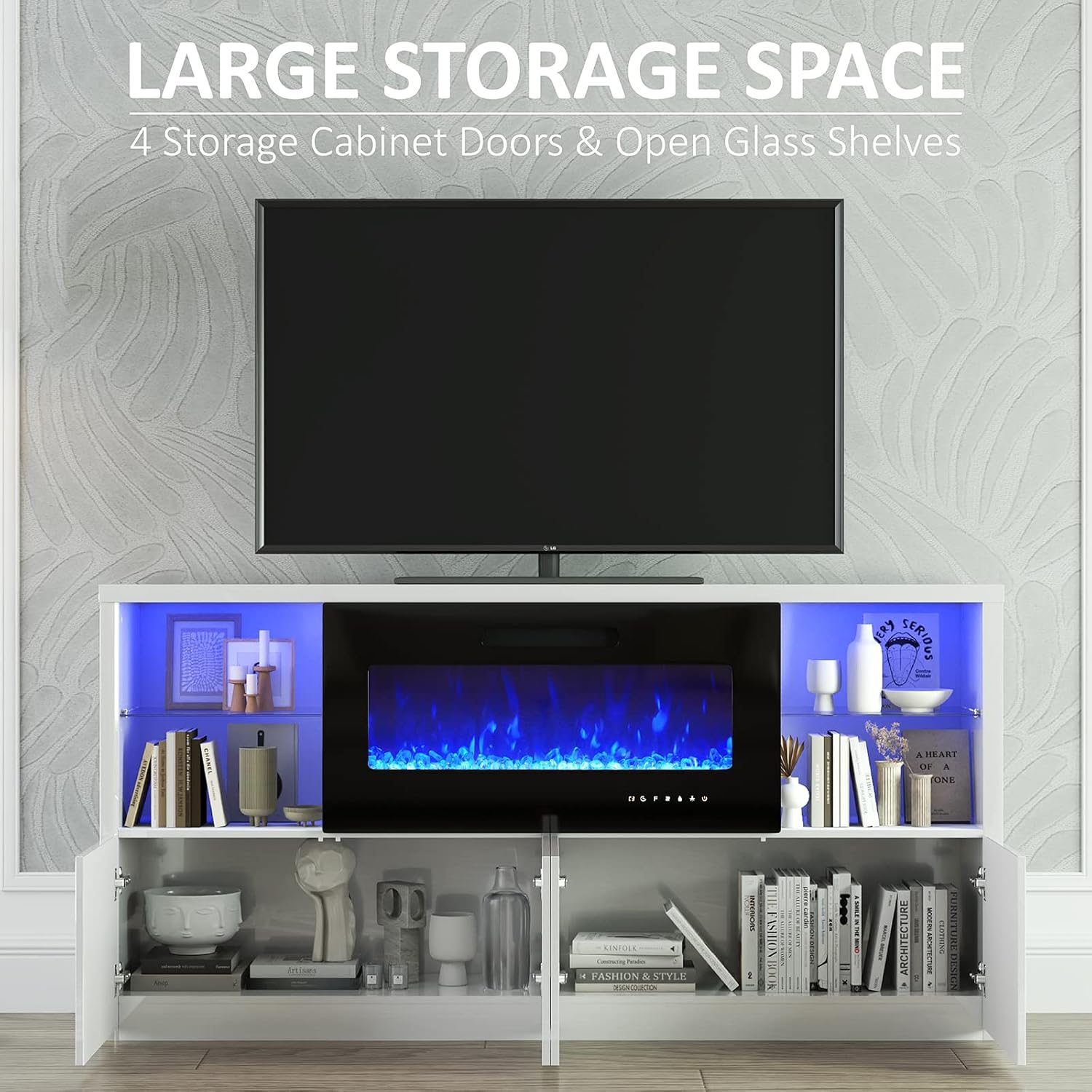 LUXOAK Modern Fireplace TV Stand for TVs up to 75", High Gloss Entertainment Center with 40" Fireplace, 4 Shelves & Storage Cabinets, Media Console Table 68 Inches, Gloss White