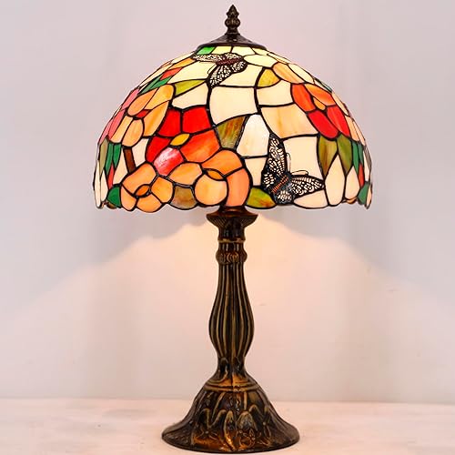 Miniatura 4 de WERFACTORY Tiffany - Lámpara de mesa para mesita de noche, lámpara de vitral rosa, estilo mariposa, luz de escritorio de lectura, 12 x 12 x 18