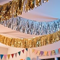 Vista 9 de Paquete de 4 unidades de guirnalda de flecos de papel de aluminio dorado de 40 pies total, bandera de oropel metálica, cortinas para colgar