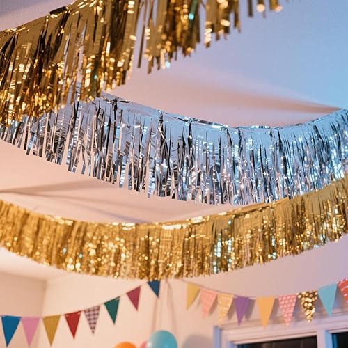 Miniatura 9 de Paquete de 4 guirnaldas doradas de flecos de aluminio de 40 pies con flecos metálicos para colgar en la pared, cortinas para desfile, flotador,
