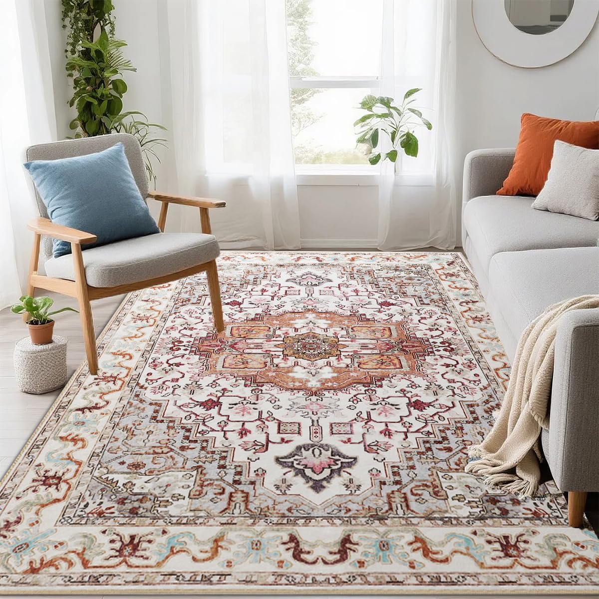 Washable Area Rugs 5x7, Beige Vintage Rugs-Low Pile Carpet, Non-Slip Distressed Printed Patterns Rugs for Bedroom, Living Room, Dining Room, Beige Beige 5' x 7' (Rectangular)