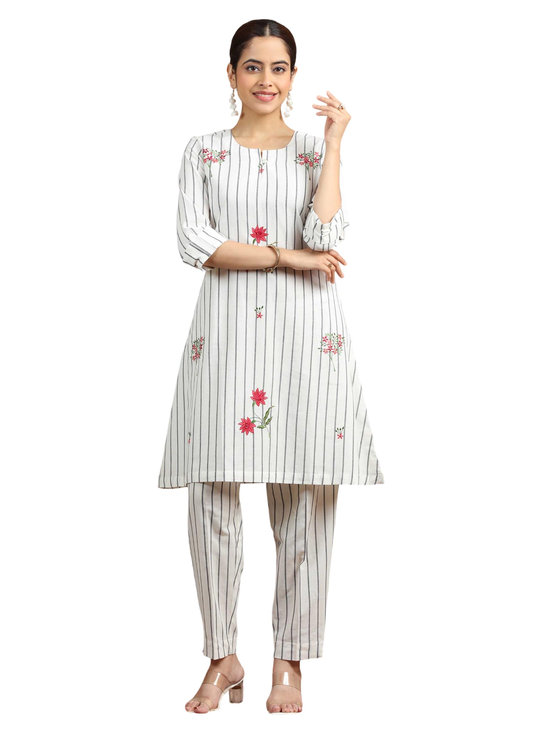 cotton culture Off White Floral Embroidered Pure Cotton Straight Co-Ord Set-M-picture-10