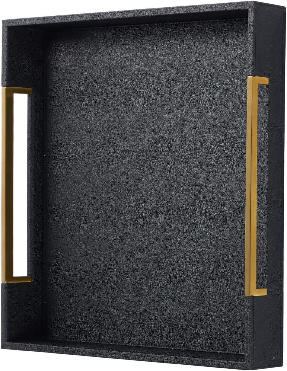 Airdream Extra Large Black-Gold Shagreen Leather Ottoman Tray, 20"x20", Modern Wooden Decorative Serving Tray for Living Room, Kitchen, Bedroom, Parties & Events 20" x 20" x 2.4" Black-gold