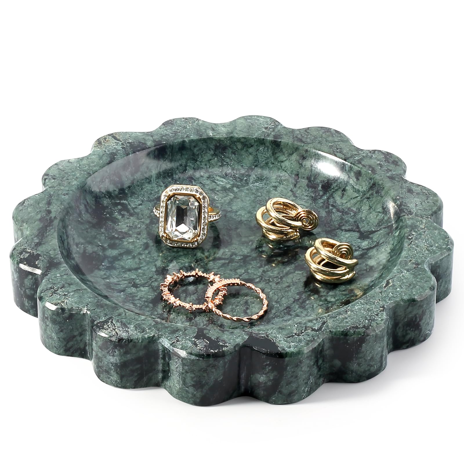 Koville 5.51" Scalloped Marble Tray, Round Stone Jewelry Trinket Dish for Ring, Natural Small Marble Tray for Bathroom Kitchen Dresser Countertop, Decorative Candle Tray(Green)