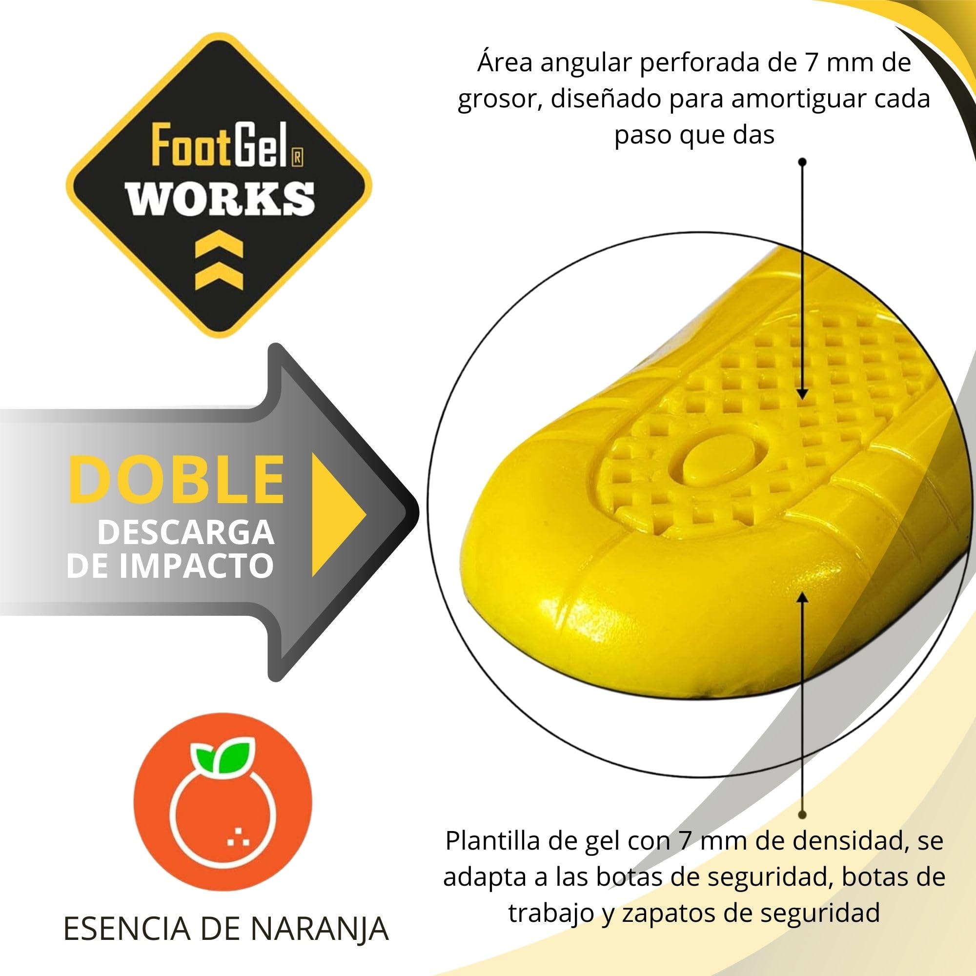 Plantillas Gel Works® | Plantillas Trabajo Hombre/Mujer Uso Diario Transpirables, Cómodas | Estabilizadoras, Previenen Dolores en Pies, Rodillas y Lumbares | Naranjo, Tallas 43 a 46