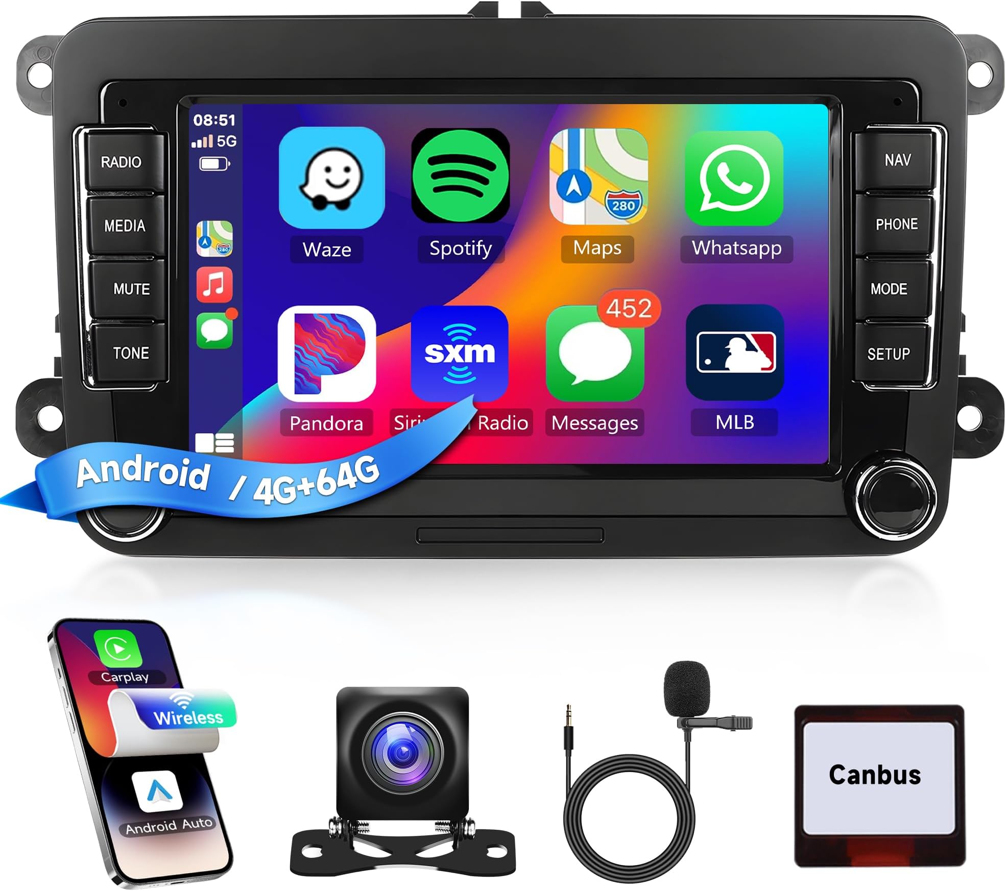4G+64G Android Car Stereo for VW Passat Golf MK5 MK6 Jetta T5 EOS Polo Touran Seat Sharan Wireless Carplay Android Auto, 7'' Touchscreen Car Radio with GPS Bluetooth 5G-WiFi FM 32EQ DSP Rear Camera