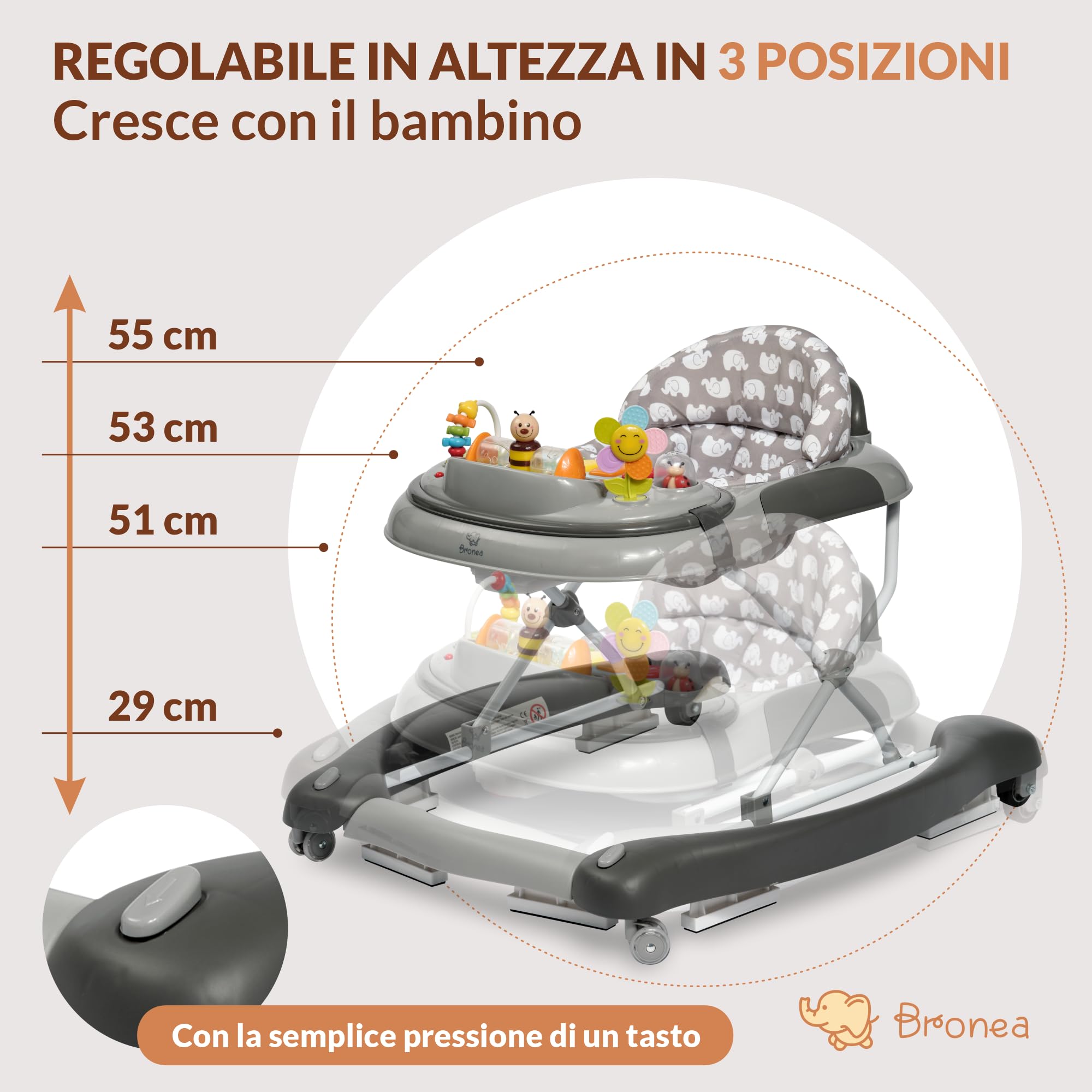 Girello 4-in-1 per Bambini con funzione altalena e pannello di gioco con musica | Regolabile in altezza e pieghevole | Con ruote silenziose e freno