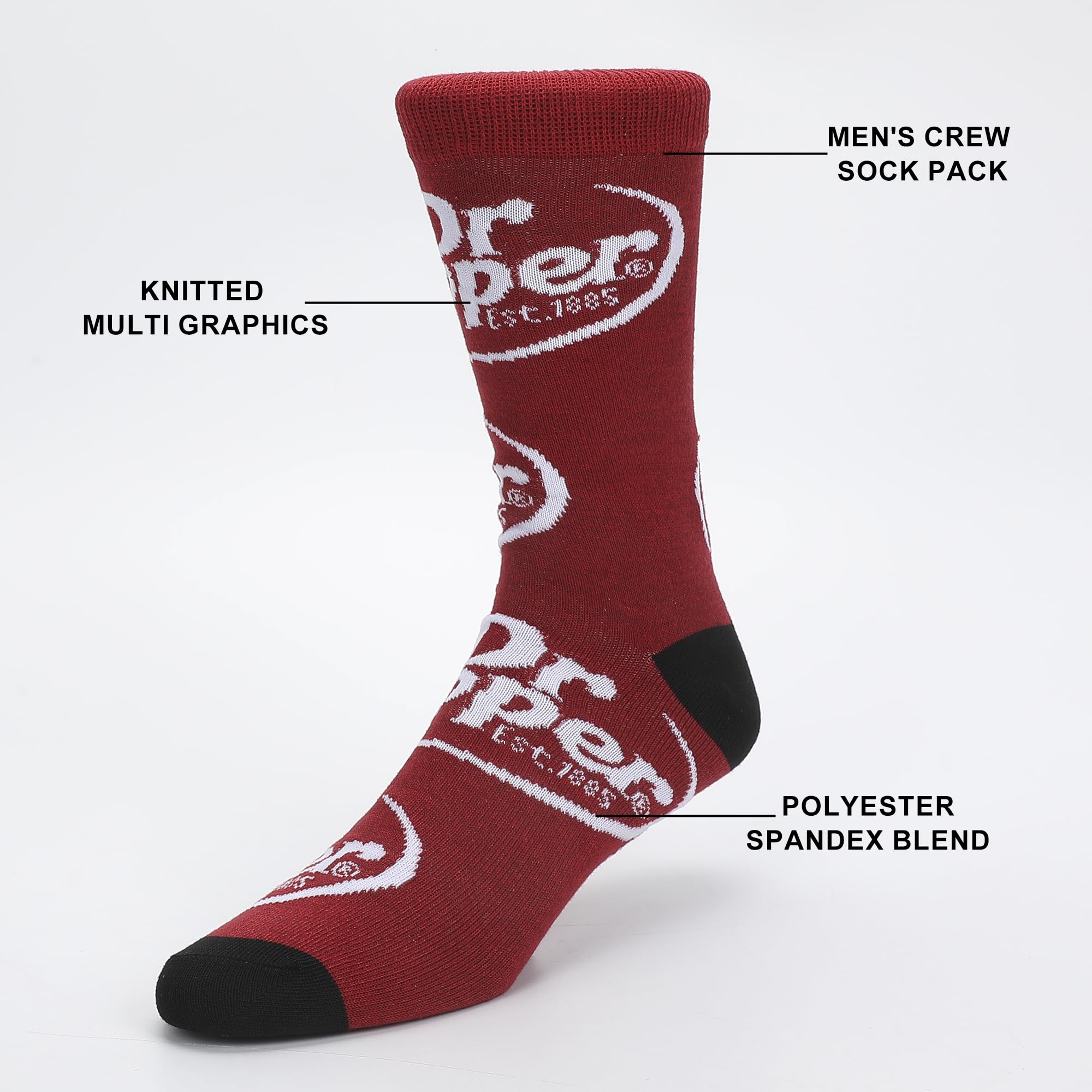 Bioworld Dr Pepper Variety Logos Men’s 5-Pair Pack Casual Crew Socks