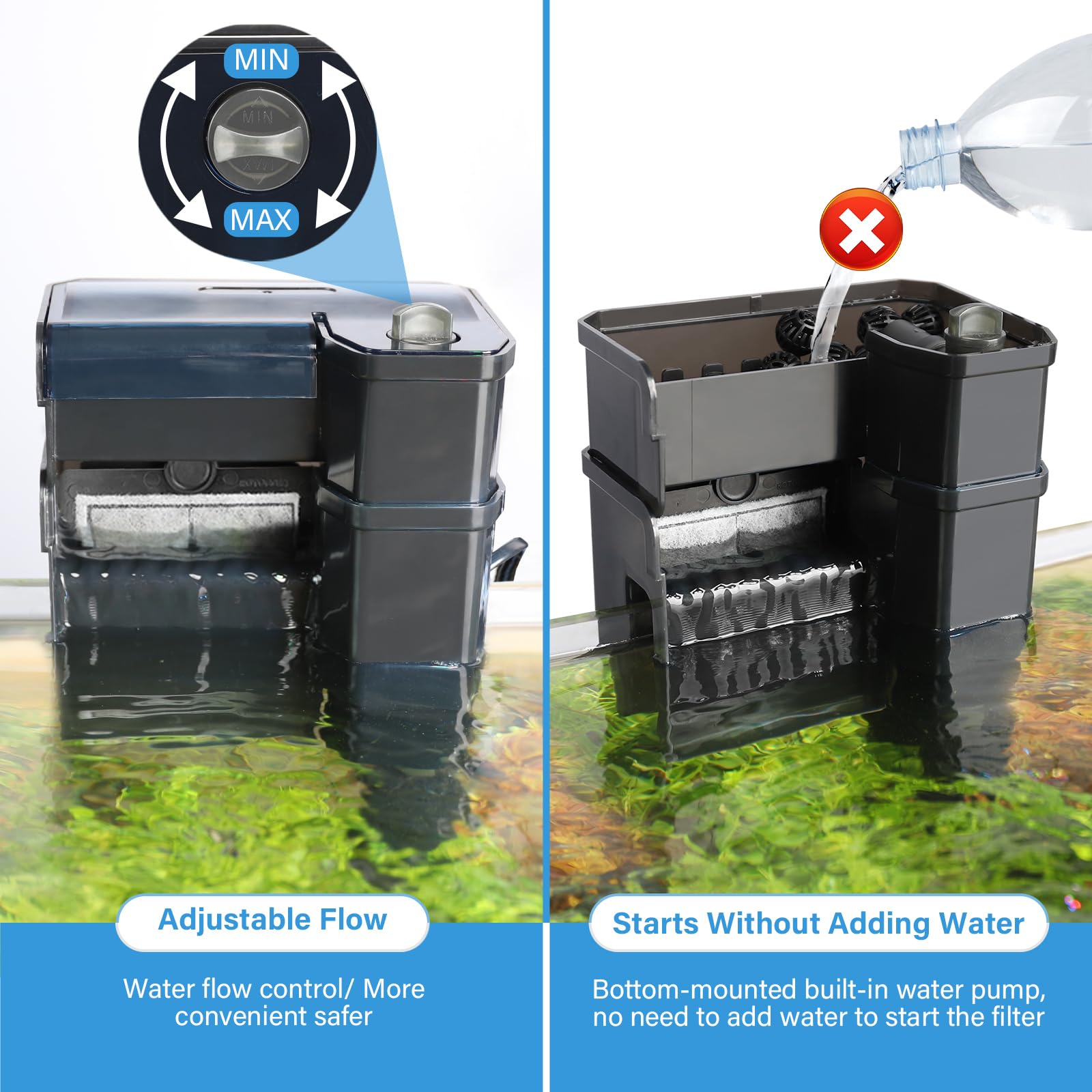hygger Aquariumfilter, Ultra Leise Aquarium Hang on Filter, Mehrstufige Filtration Aktivkohle Biochemischer Fischtankfilter für bis zu 50 Gallonen Aquarien, Einstellbarer Durchfluss, 153 GPH, 7 W,