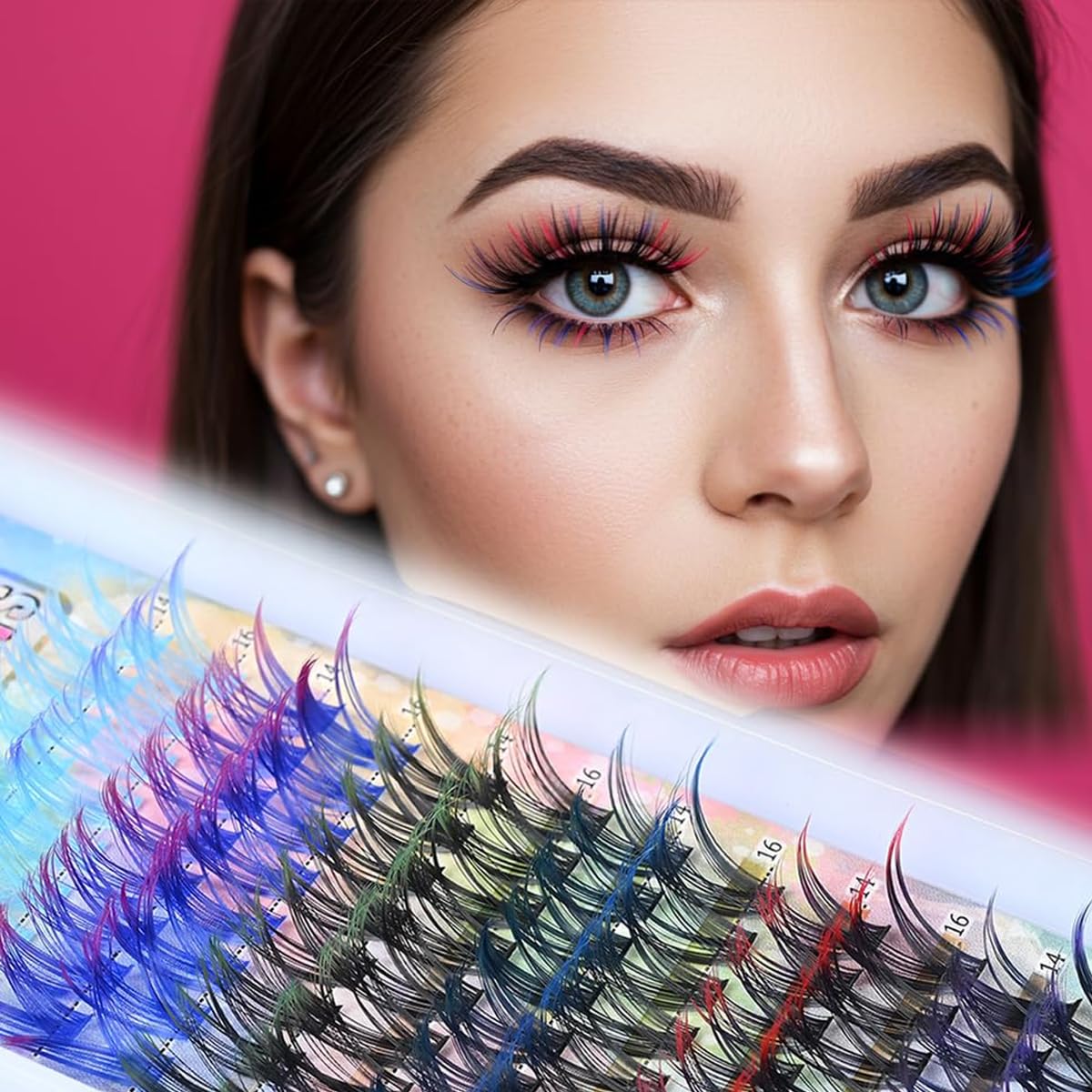 MAYCREATE® Colored Cluster Eyelashes 14-16mm, Multicolor Individual Lash Extensions with Red Blue Purple Green Pink Tips, ...