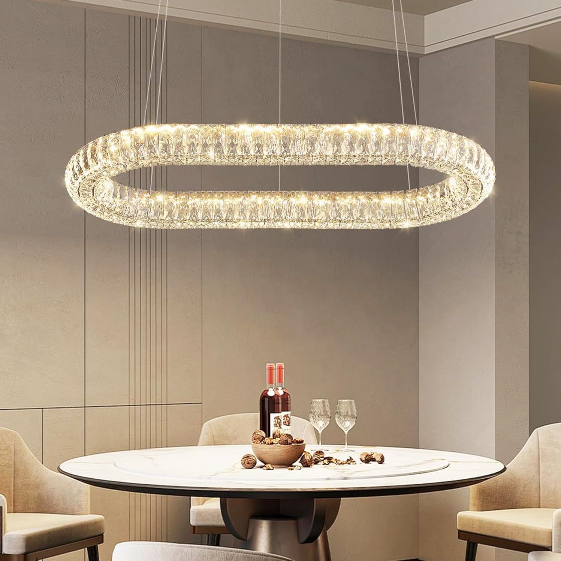 Oval Crystal Chandelier, 40'' Chrome Crystal Ring Pendant Light for Kitchen Island Modern Linear Oval Chandeliers for Dining Room Dimmable 3000K-6000K Silver 40 inch
