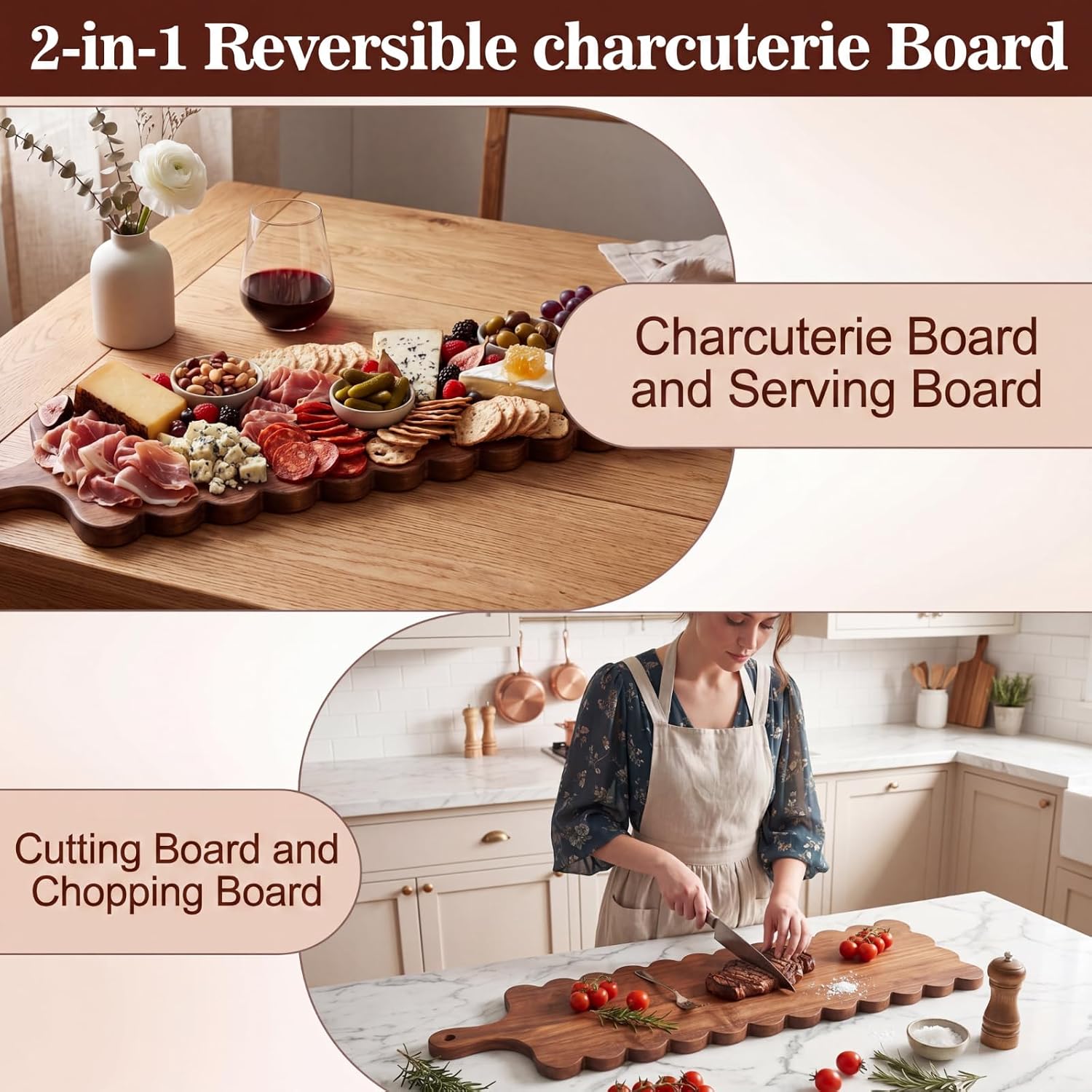Long 30"x8" Large Charcuterie Cutting Board Acacia Wood Scalloped