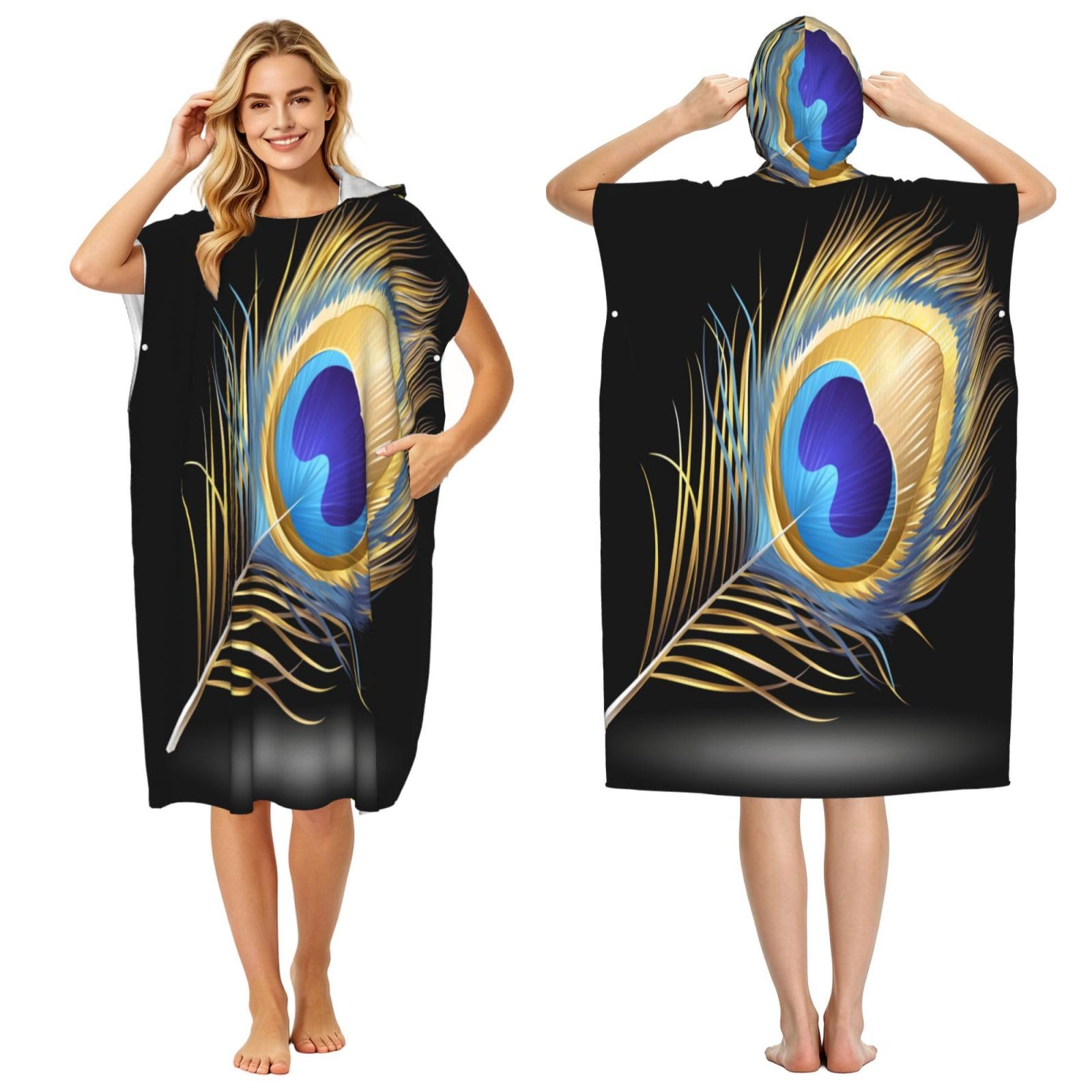 KLGRTJHK Peacock Feather Mandala Adult Hooded Beach Poncho Towel 43"X35"