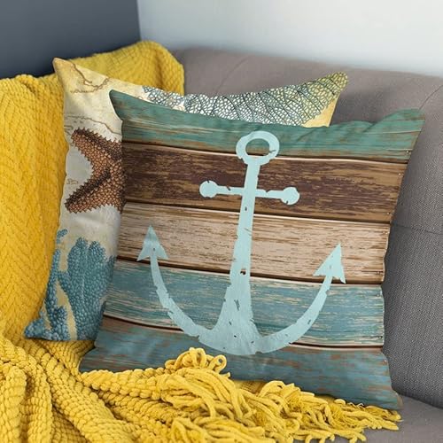 Jbralid Starfish Fish Turquoise Nautical Anchor Weathered Wood Coastal Old Green Cotton Linen Indoor Decor Throw Pillow Cover Case Set Of 4, 22X22 In #TOP4