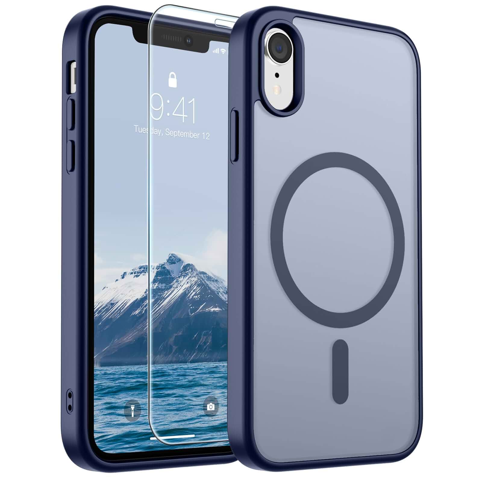 SUPFINEMagnetic for iPhone XR Phone Case Navy Blue With Screen Protector, Translucent Matte, Compatible with MagSafe, Military Grade Drop Proof, Rugged Shockproof Protective