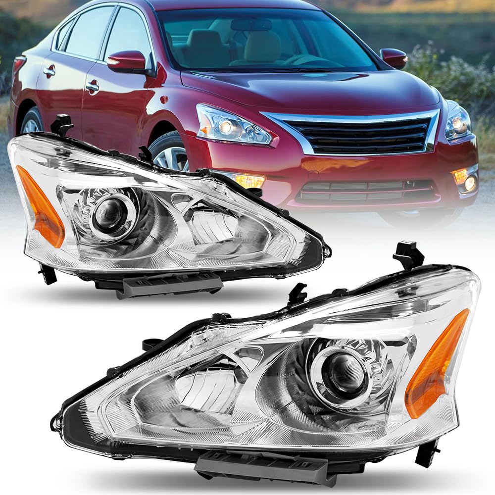 OKIE HOME 2013 2014 2015 Headlight Assembly compatible for Altima 2013-2015 Only fit 4Door Clear Lens Chrome Housing with Amber Reflector Headlamp
