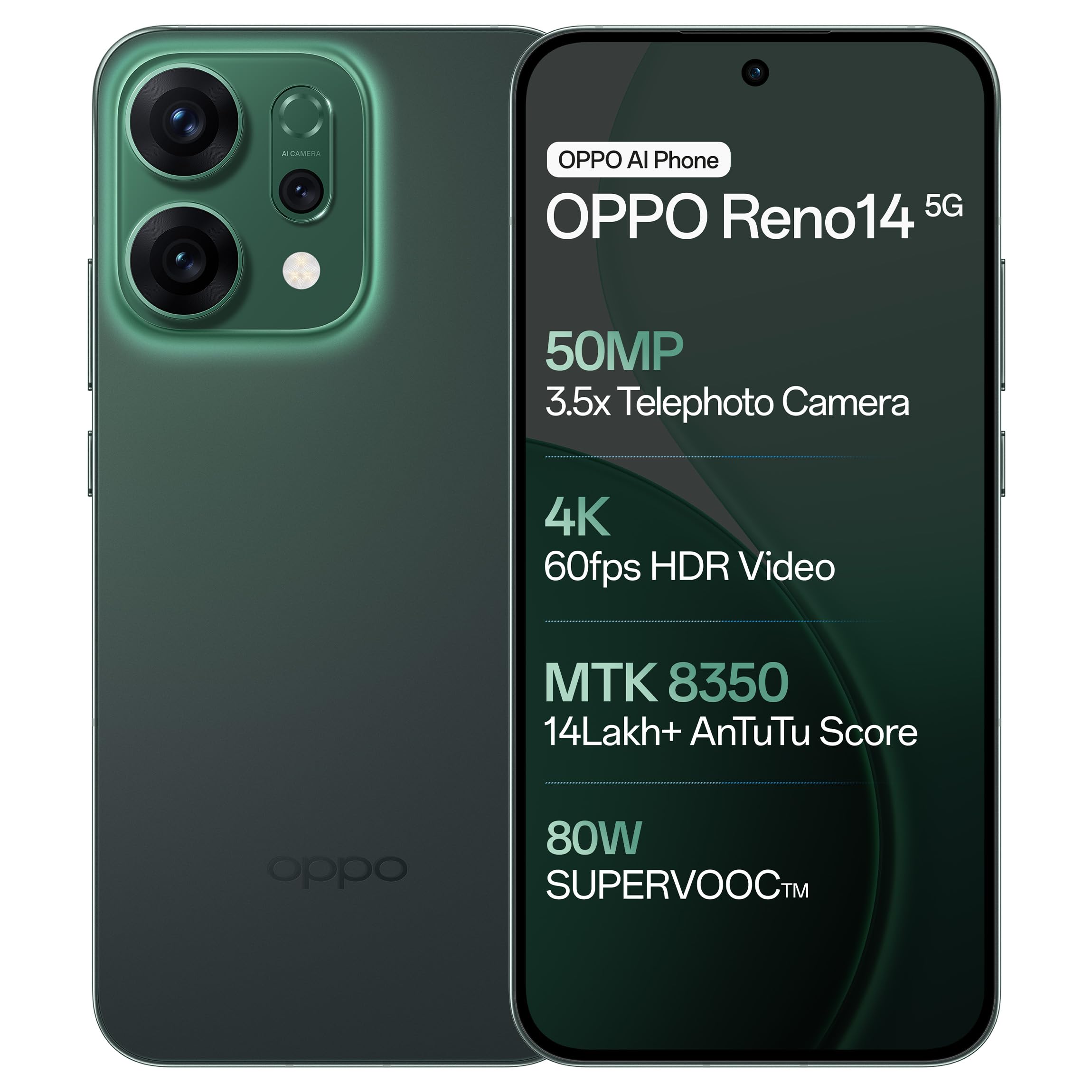 OPPO Reno14 5G (Forest Green, 12GB RAM, 512GB Storage) with No