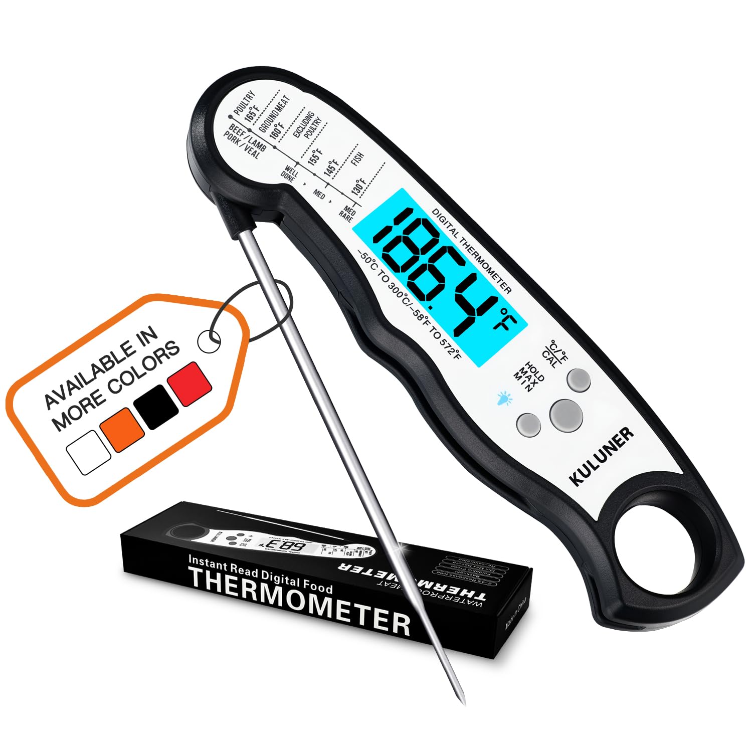 KULUNER TP-01 Waterproof Digital Instant Read Meat Thermometer with 4.6 Folding Probe Backlight Calibration Function for Cooking Food Candy, BBQ Grill, Liquids,Beef(White)