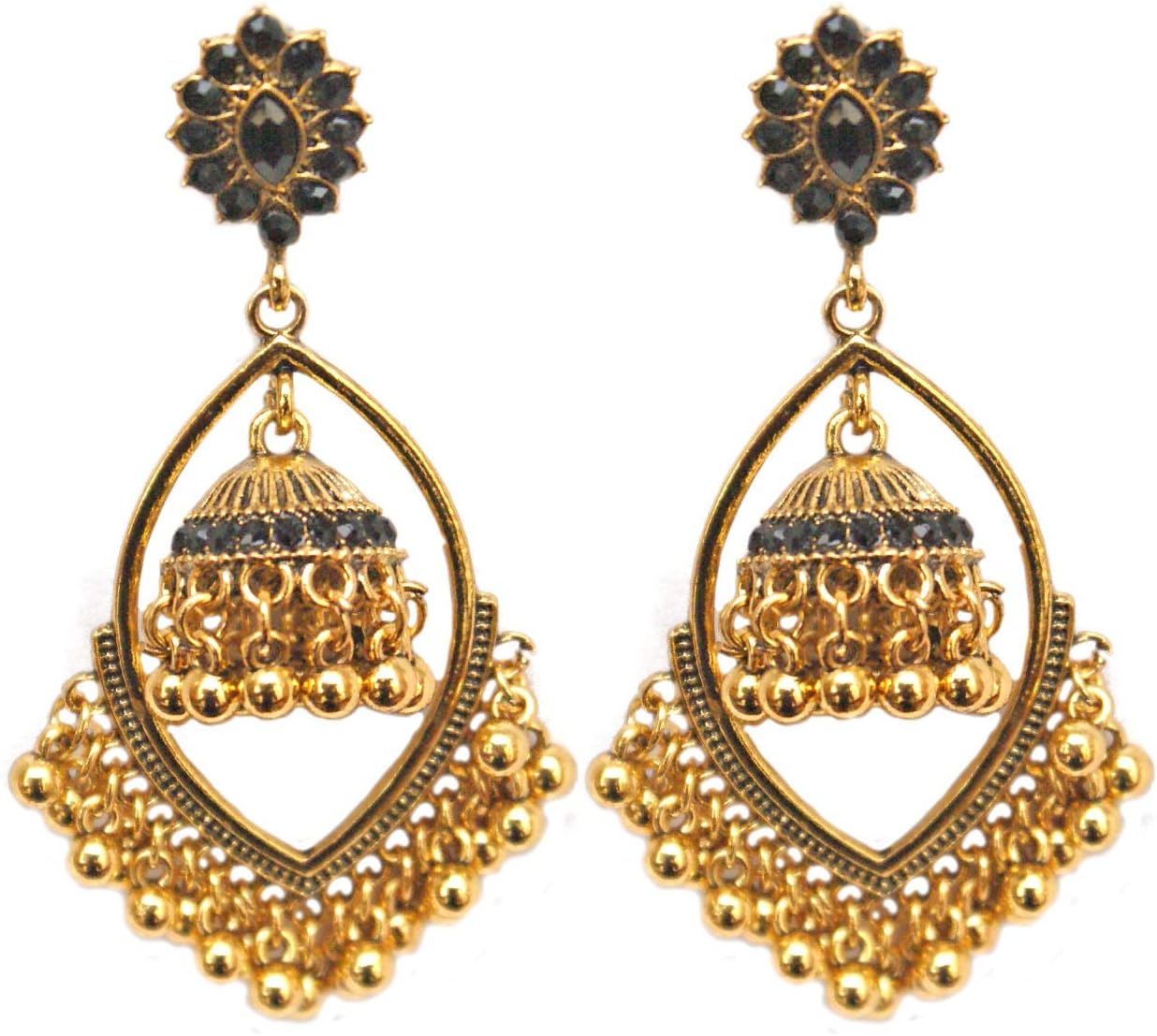 Pahal Ethnic Bollywood Black Hanging Long Gold Jhumka Earrings South Indian Wedding Jewelry Set for Women
