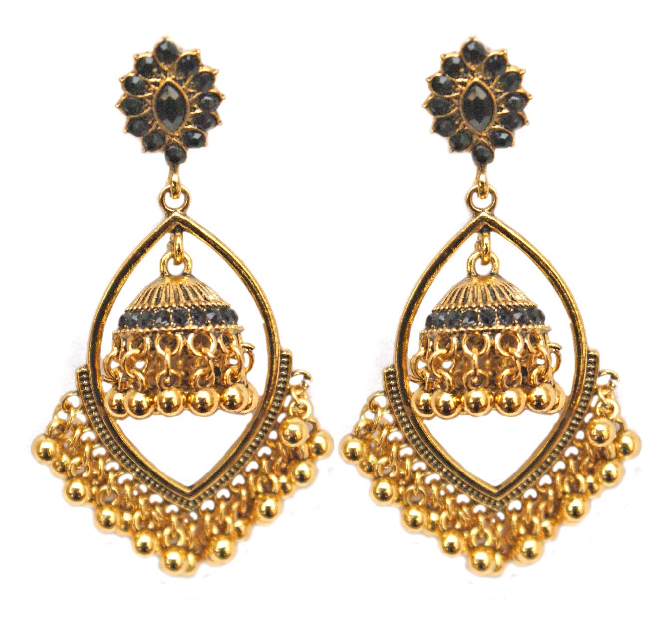 Pahal Ethnic Bollywood Black Hanging Long Gold Jhumka Earrings South Indian Wedding Jewelry Set for Women