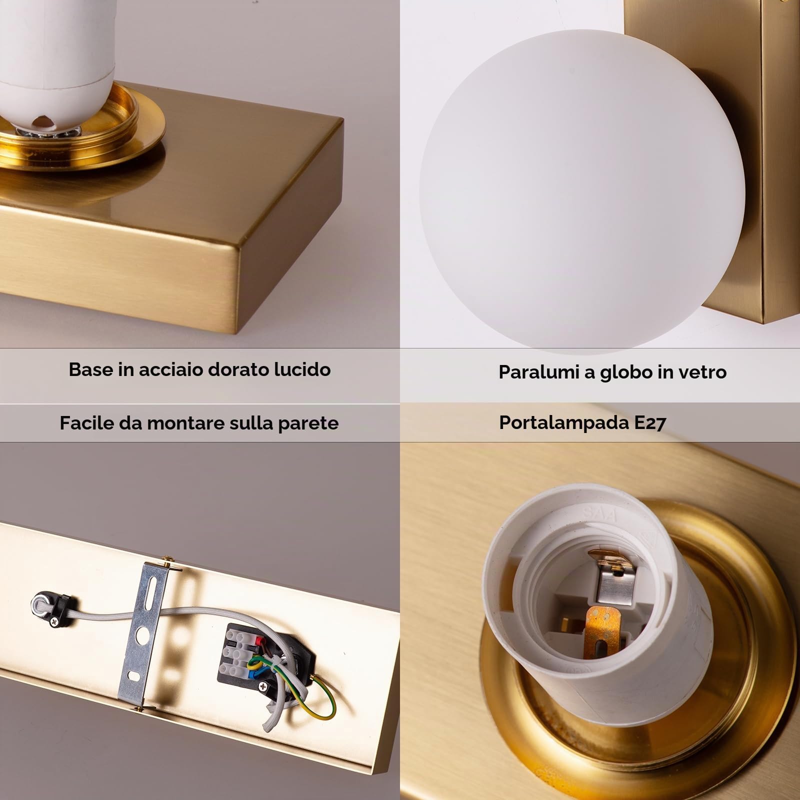 Alpinaluz Applique da parete con doppia sfera in vetro opaco Ø150 mm - Base rettangolare in metallo dorato per camera da letto, corridoio o installazione a soffitto - Attacco E27