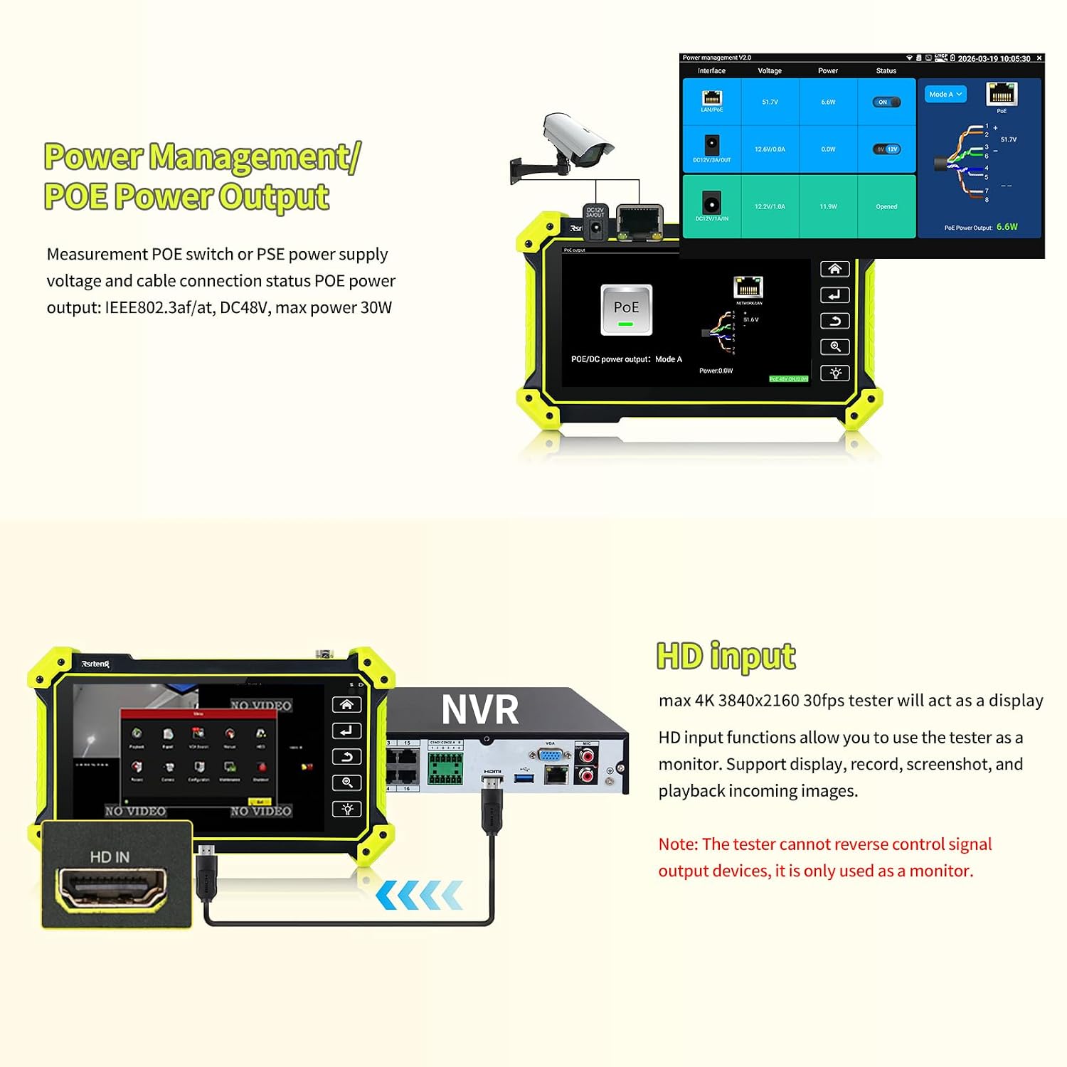 Rsrteng CCTV Tester, 4K 12MP IP Camera Tester, 8MP AHD CVI TVI CVBS, Cable Test,Network Tools, 5.5 inch IPS Touch Screen Support POE WiFi PTZ RS485 HD Input DC12V Output E66
